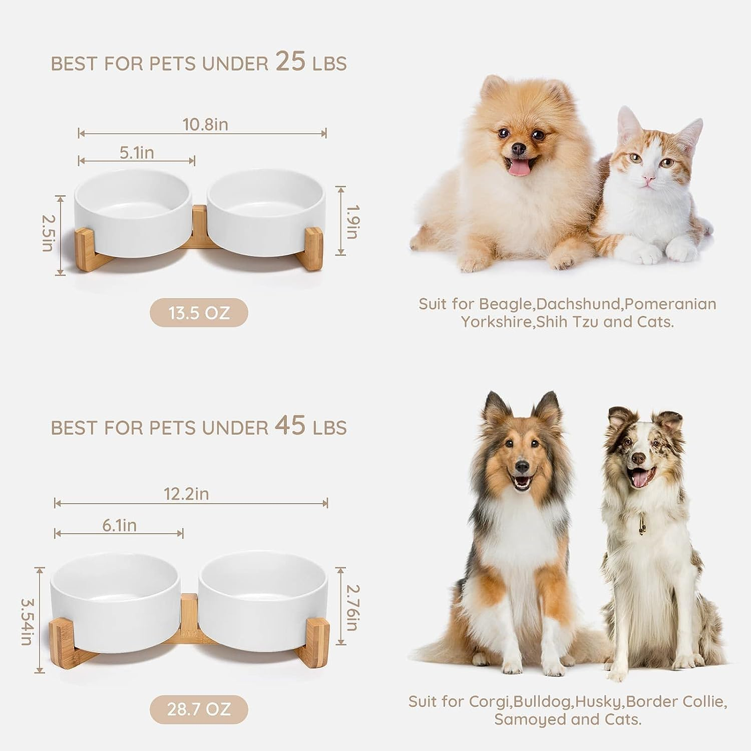 Pet Bowls No Spill Marble, Elevated Ceramic Pet Food, Wooden Bamboo Stand, Cats, Rabbits, & Small Dogs, Durable & Easy to Clean. Single or Double. Special Treat for Your Pet (White Double) image number 3