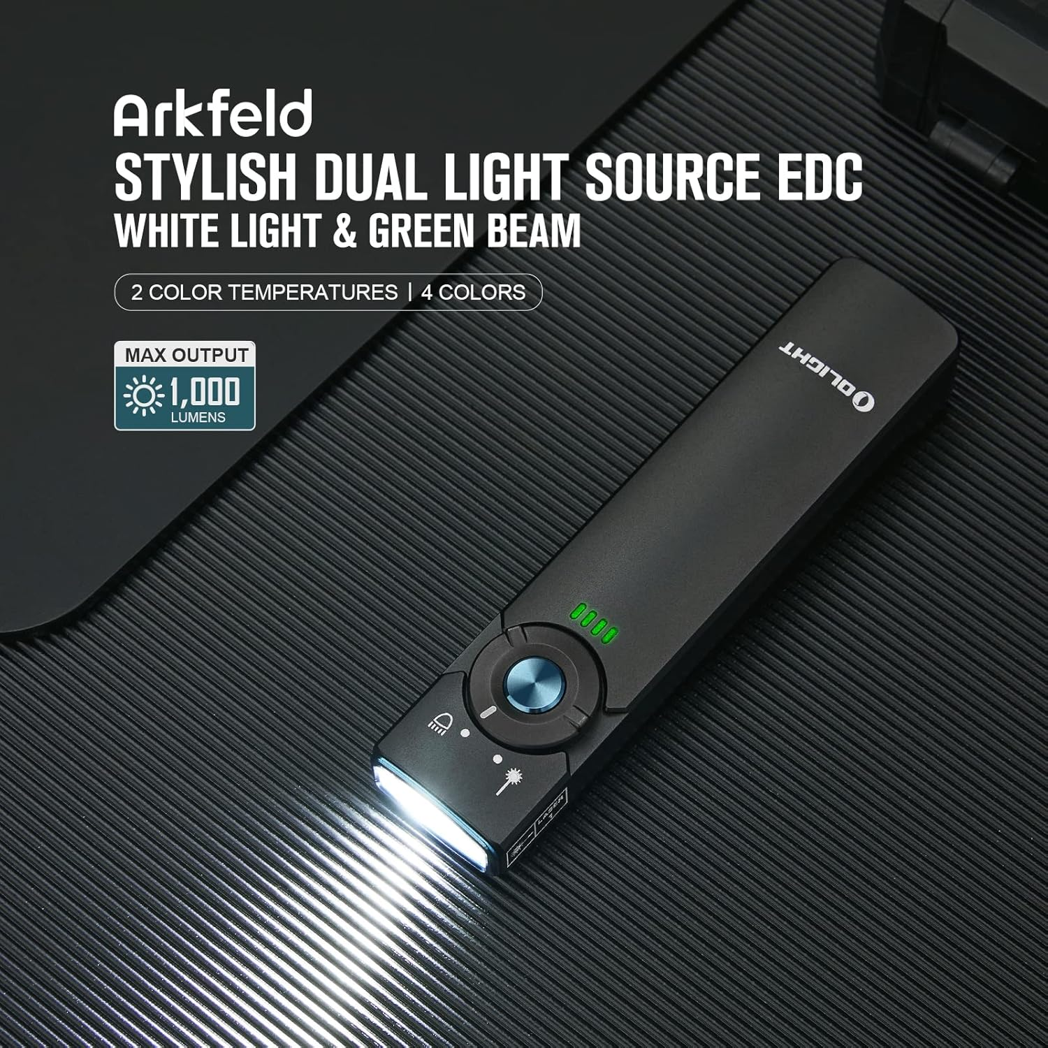 OLIGHT Arkfeld Max 1000 Lumens Rechargeable EDC Flashlight Dual Light Source with Green Beam for Pet, Presentation(Black, Cool White Light: 5700~6700K)