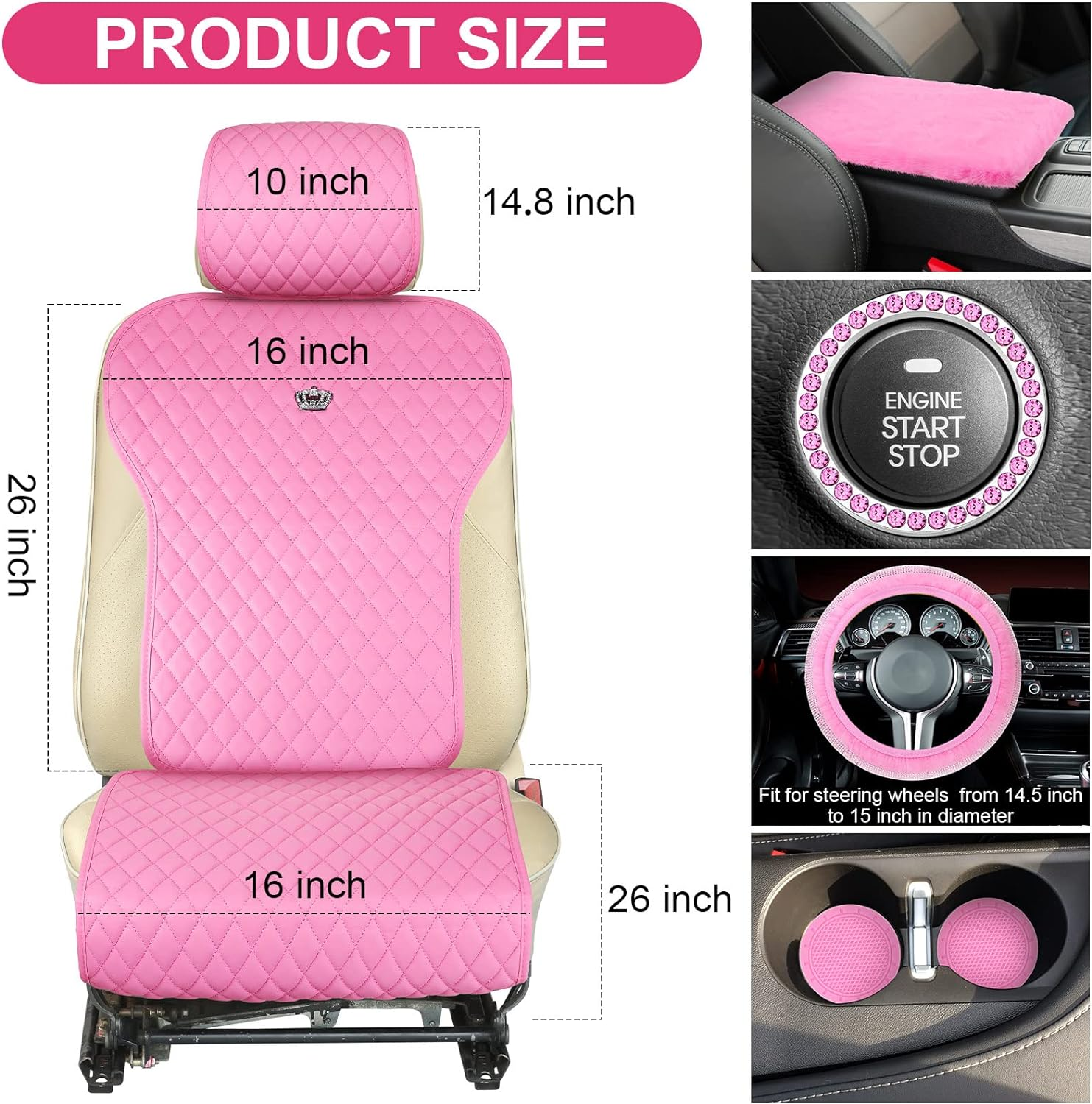 Nuenen 15 Pcs Pink Car Accessories Set Leather Car Seat Covers Full Set Car Accessories Steering Wheel Covers Seat Belt Covers Center Console Pad Bling Rear View Mirror Hanging Accessory(Pink)