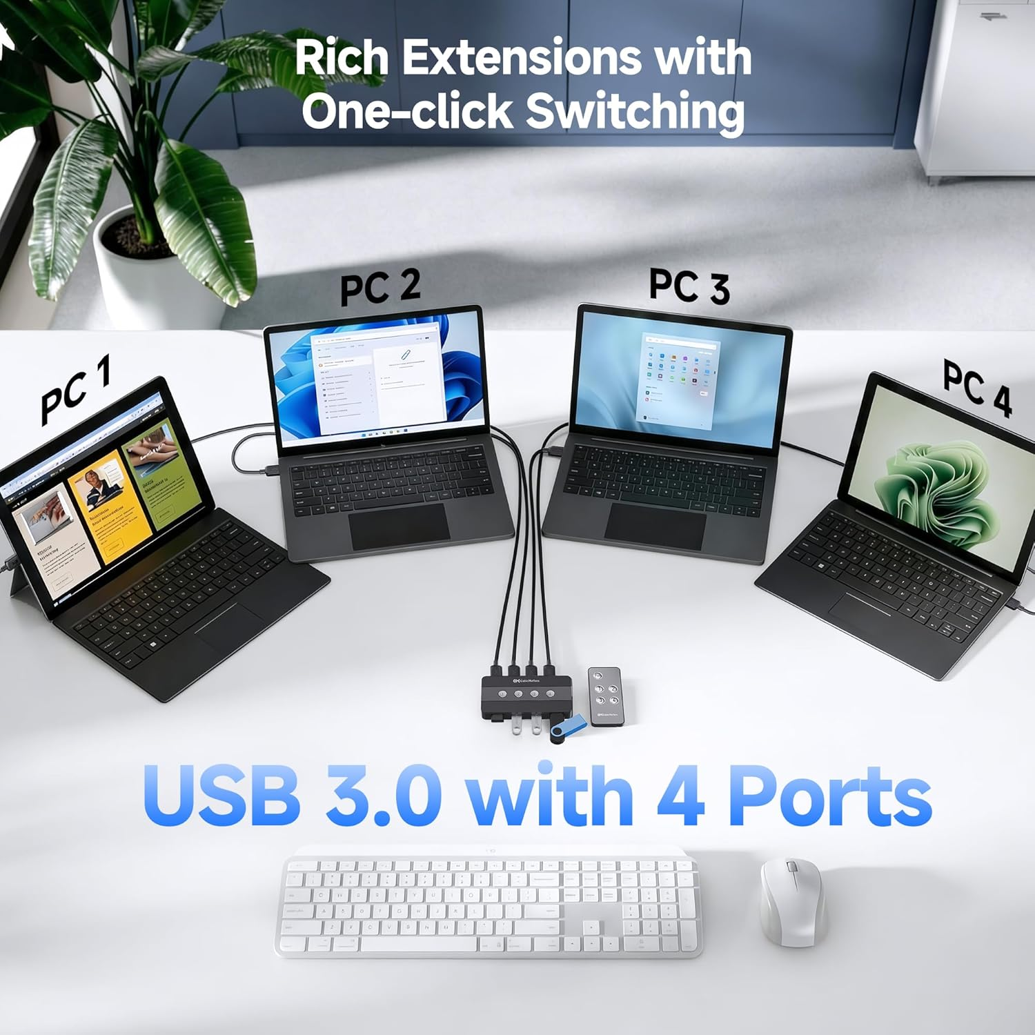 Cable Matters 4 Port USB 3.0 KVM Switch with Remote, USB Sharing Switch for 4 Computers and USBA Peripherals - Button or Remote Switching, Includes a USBC Adapter for USBC / USB4 / Thunderbolt 4