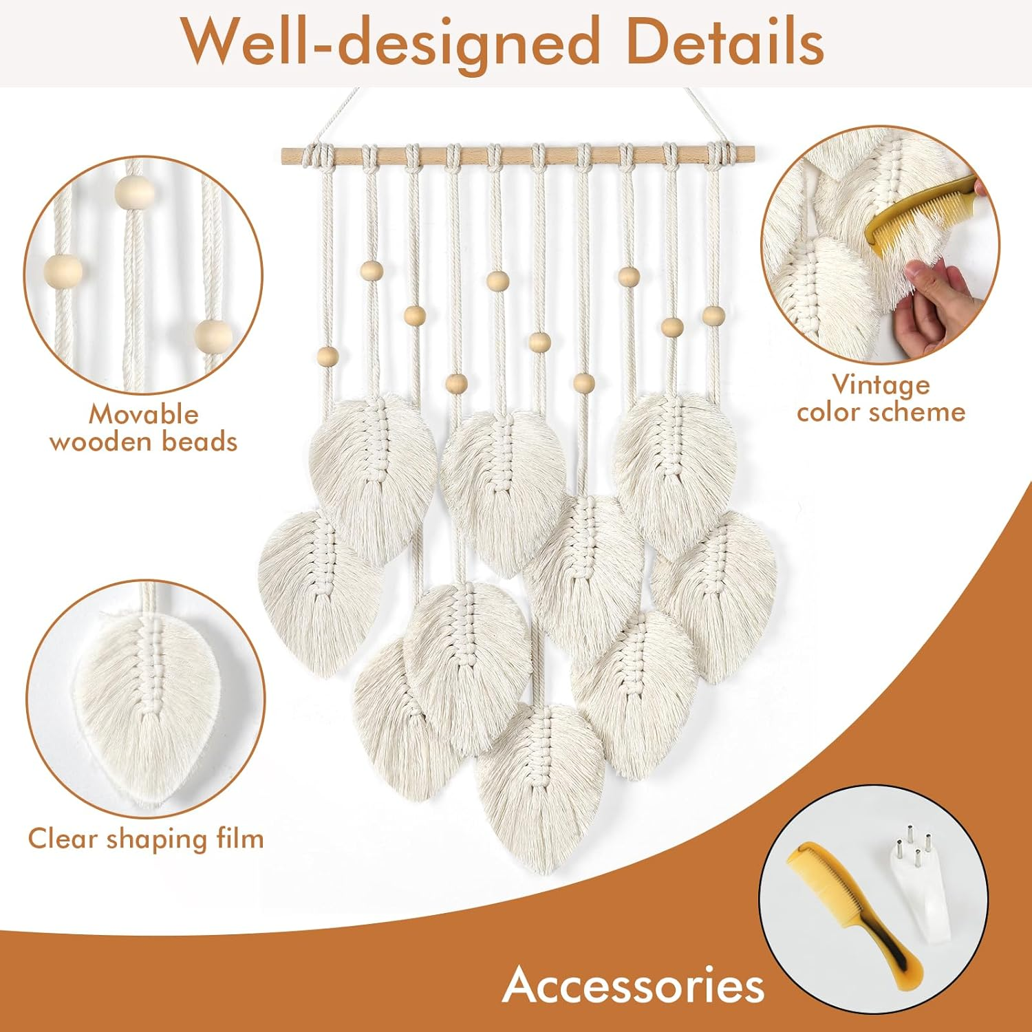 Betylifoy Macrame Wall Hanging Boho Wall Decor Macrame Tapestry Handmade Woven Leaves Tapestry Wall Art Decor Chic Home Decor for Nursery Bedroom Living Room (Beige) image number 4