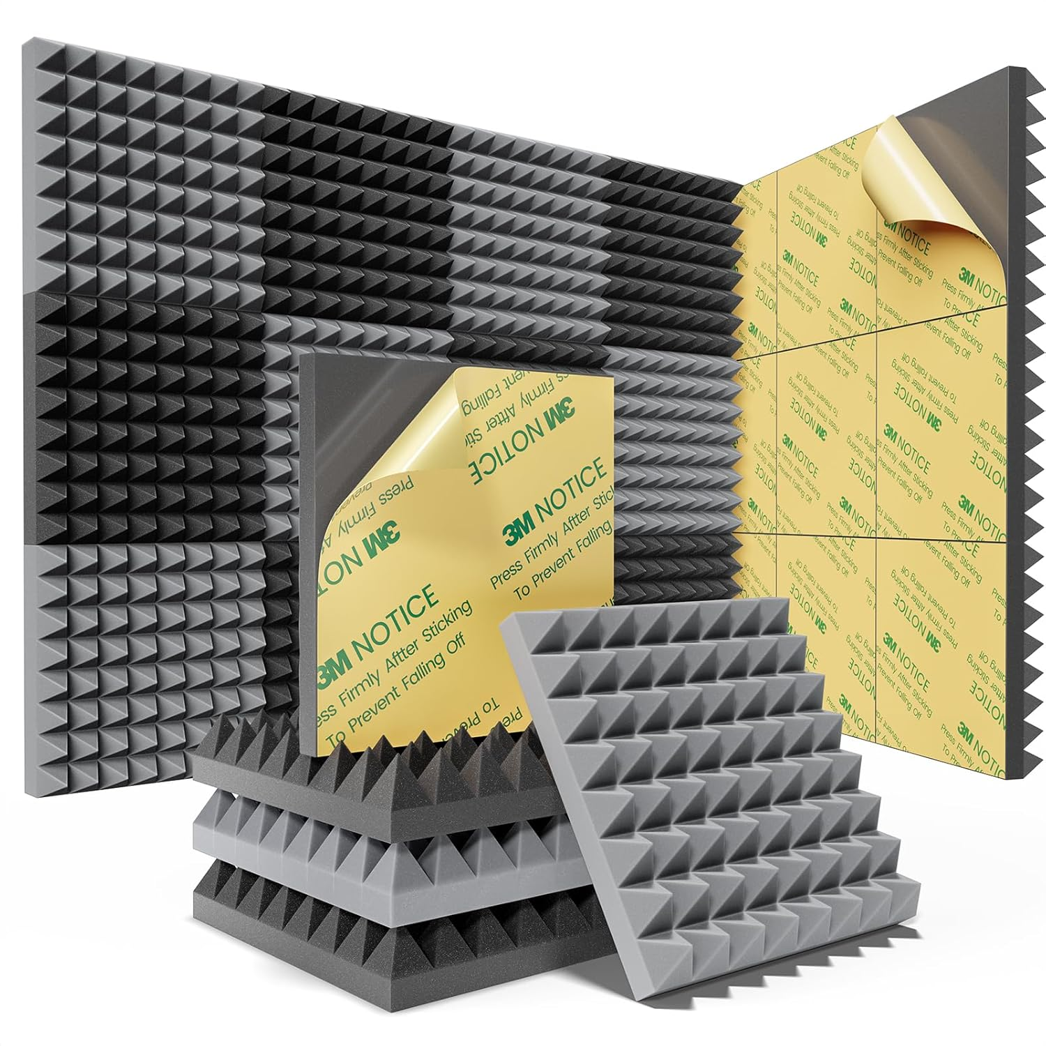 Sonicism 12 Pack Pyramid Sound Proof Foam Panels with Self-Adhesive,12'' X 12'' 1'' Acoustic of High Density,Soundproof Wall Fast Expand,Sound Absorption and Decoration (Black),(Wf008)