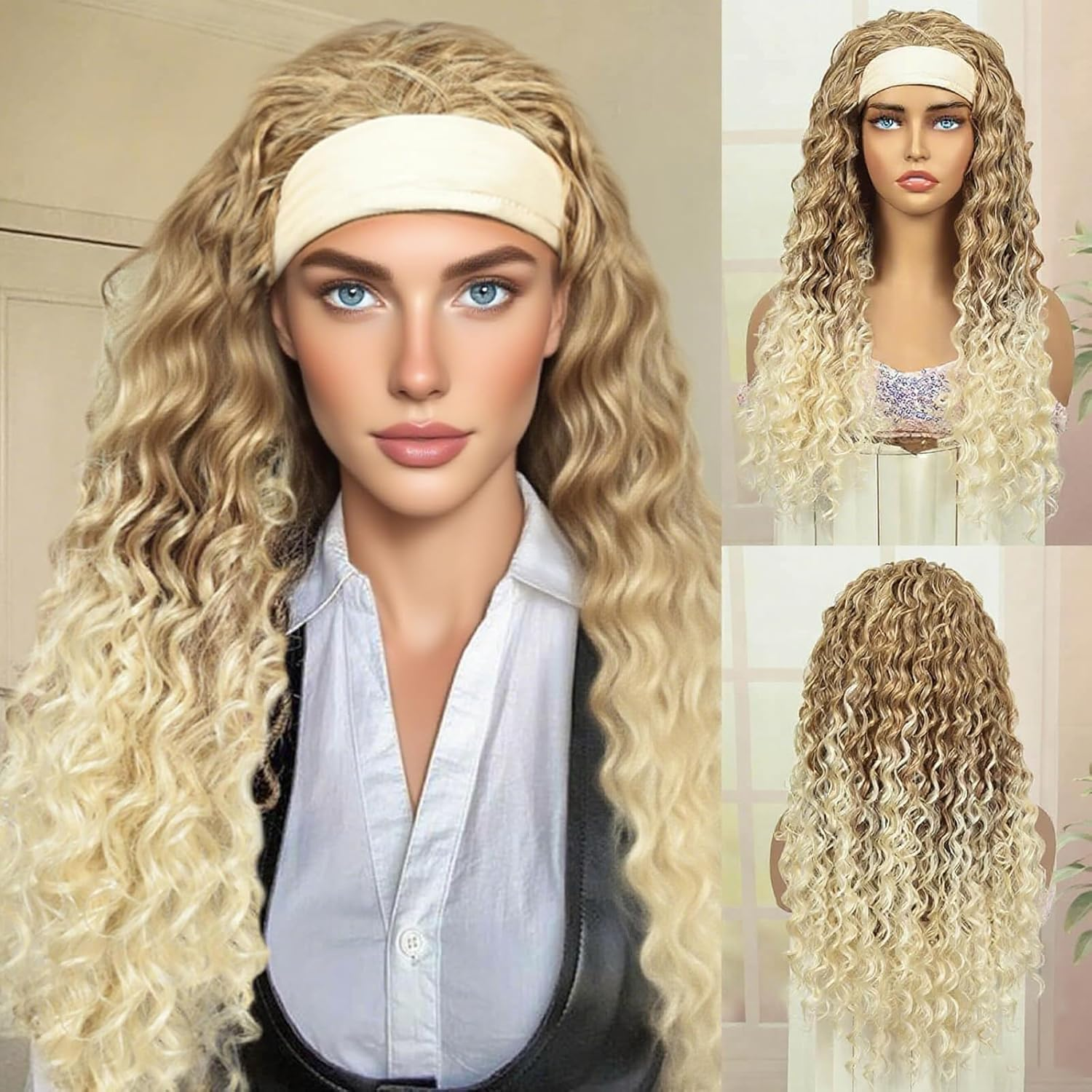 PHOCAS Deep Wave Headband Wig Ombre Blonde Headband Wig Long Curly Synthetic Headband Wig for Women Daily Use 23''/58Cm - A-Platinum Blonde image number 6