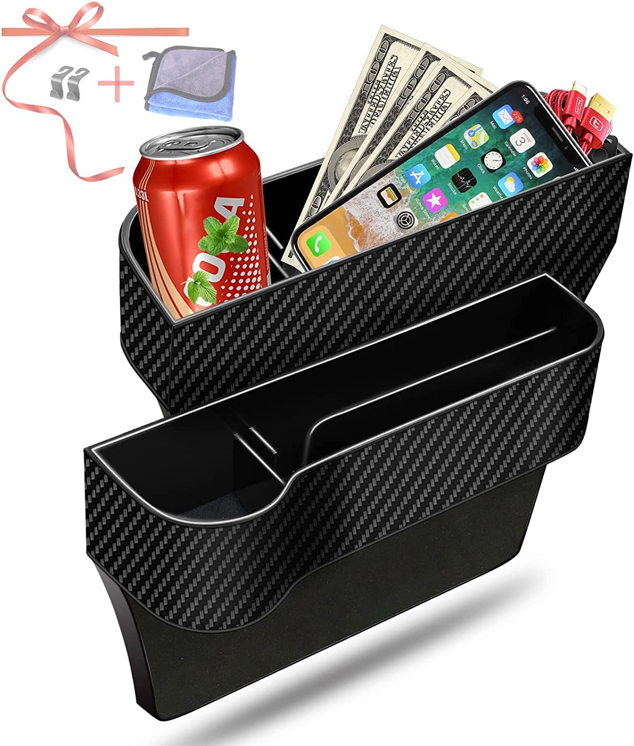 Car Seat Gap Filler Organizer, 2 Pack Multifunctional Car Seat Organizer, Auto Console Side Storage Box with Cup Holders 2 Seat Hooks for Drink, Car Organizer Front Seat for Holding Phone, Sunglasses image number 4