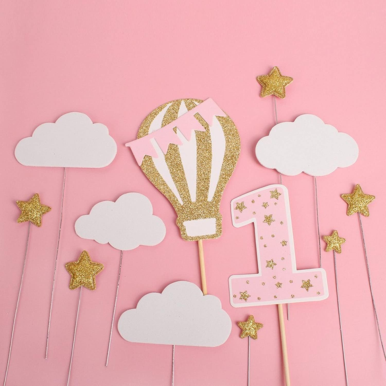 12 Pack Hot Air Balloon Cake Topper with White Cloud Little Stars for Boys First Birthday Party Decorations (Pink) image number 4