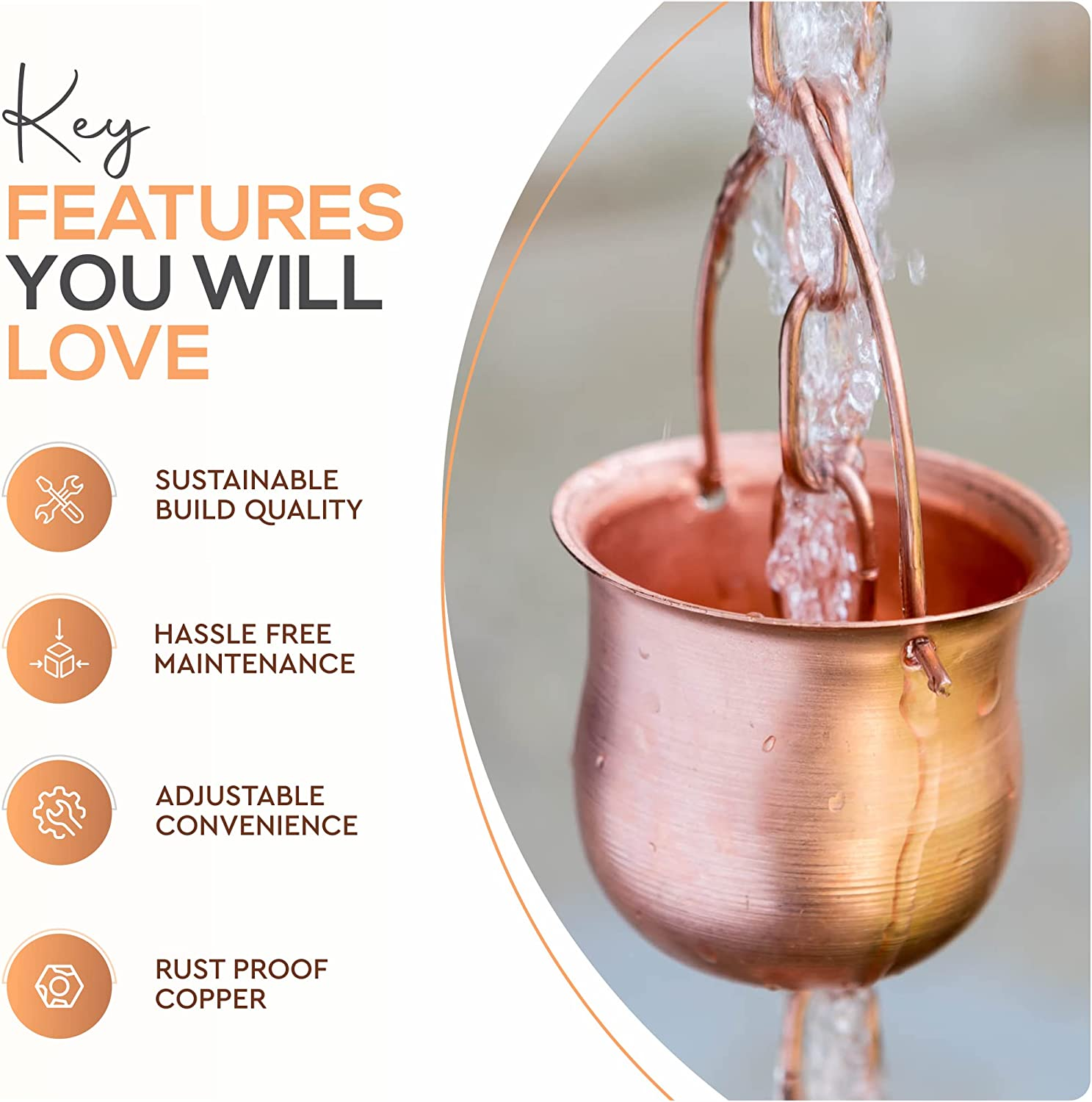 Copper Rain Chain - Decorative Chimes & Cups Replace Gutter Downspout & Divert Water Away from Home for Stunning Fountain Display - 8.5' Long for Universal Fit - Pot Style image number 4