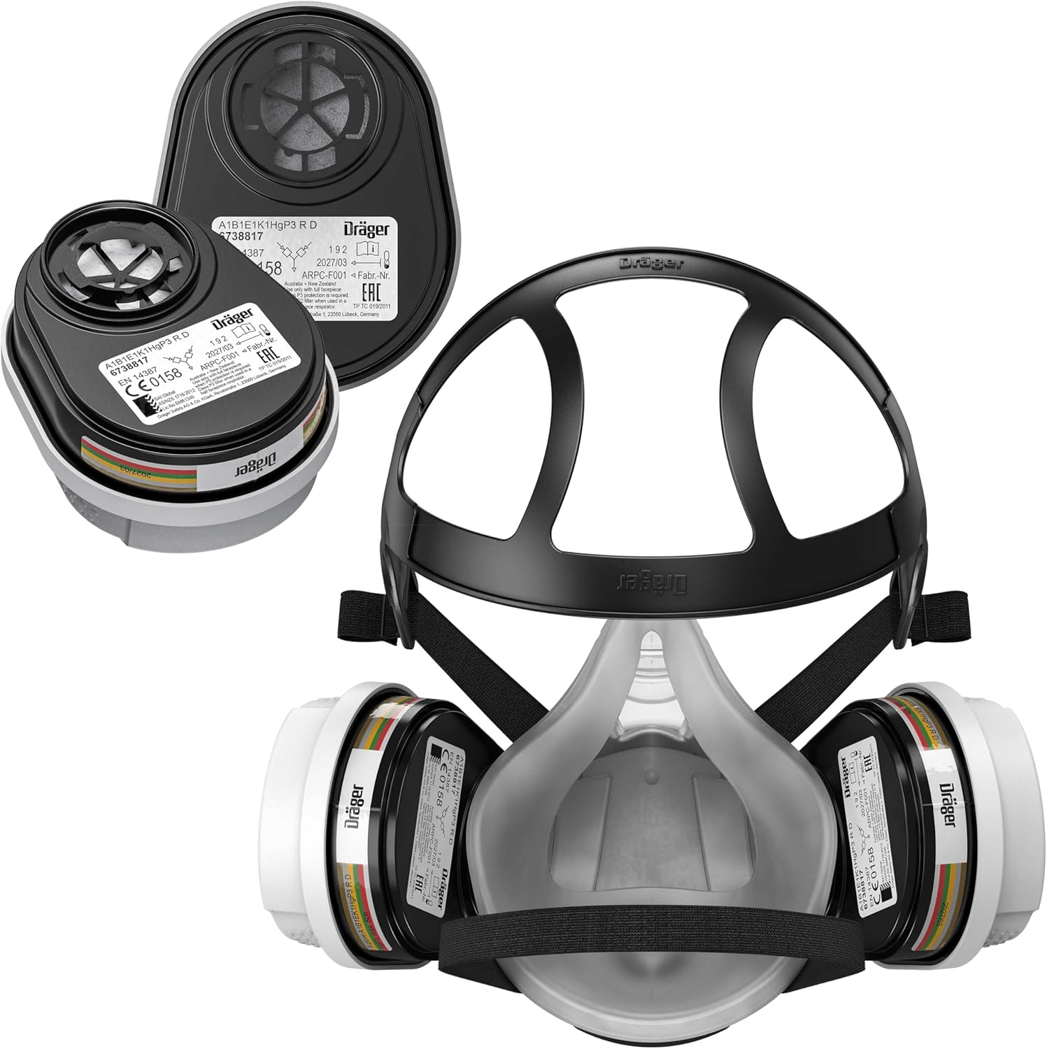 Dr&auml;ger X-Plore 3300 Chemical Half Mask Respirator Set with 2X ABEK1 Hg P3 RD Filters for Chemical Work, Toxic Gas & Organic Vapours image number 2