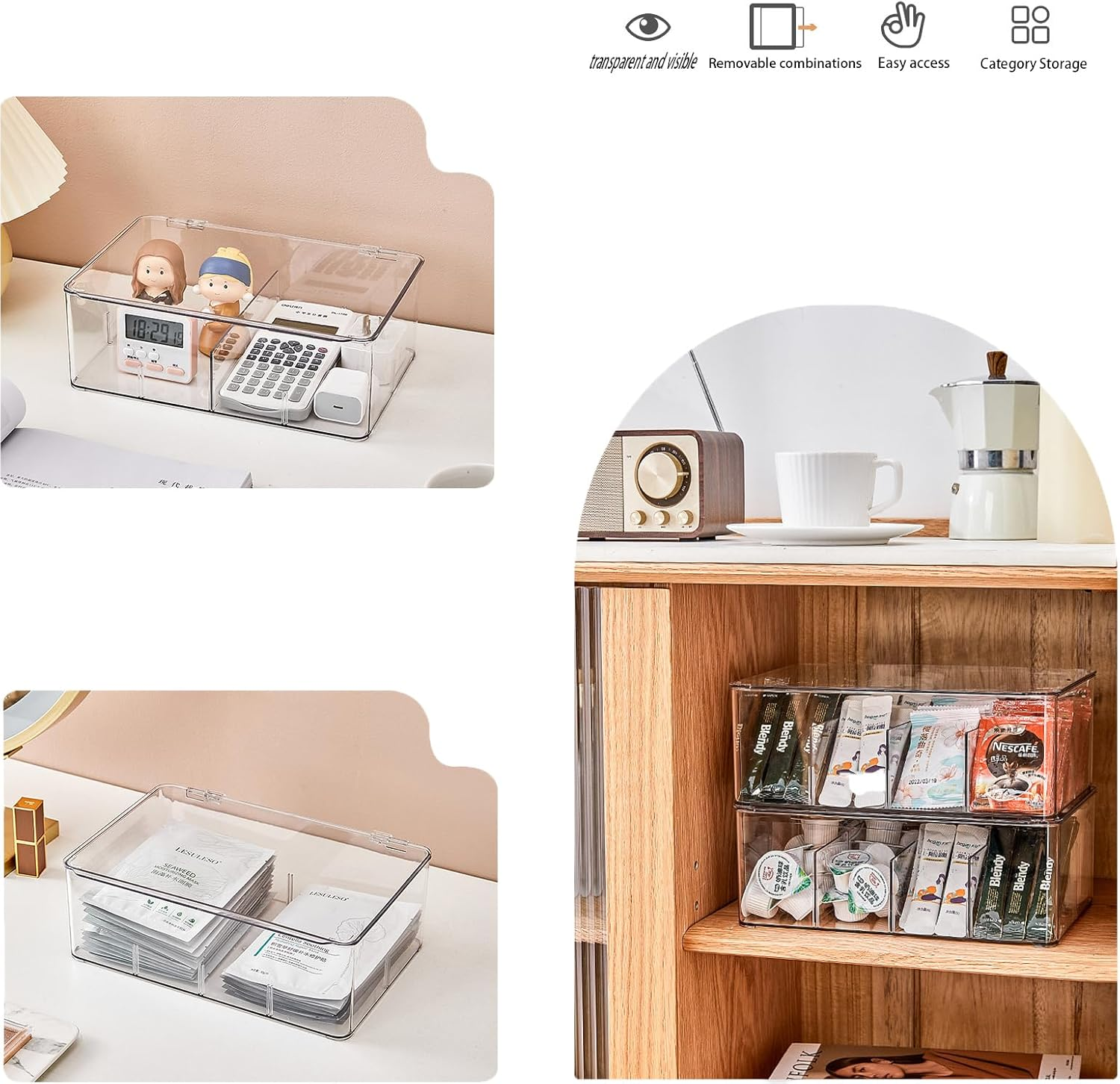 2 Pack Tea Coffee Bag Storage Box with Lid and 4 Removable Dividers,Clear Plastic Food Bag Snack Organizer,Stackable Kitchen/Refrigerator Dessert,Flavor Organizer image number 2