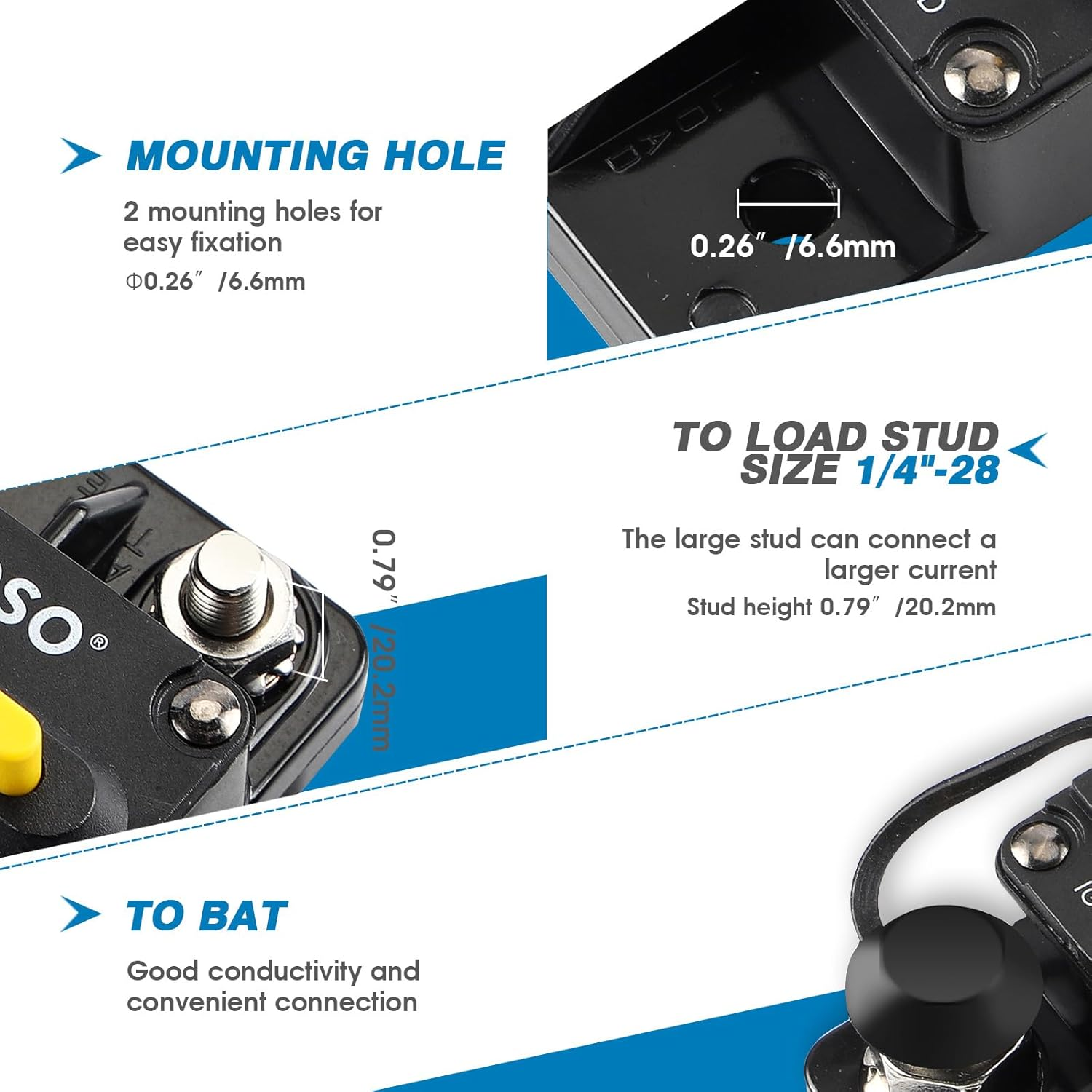 GLOSO E99 Waterproof Circuit Breaker 12V-48V DC Extended Surface Mount Manual Reset High-Amp for Marine RV Truck (50A) image number 2