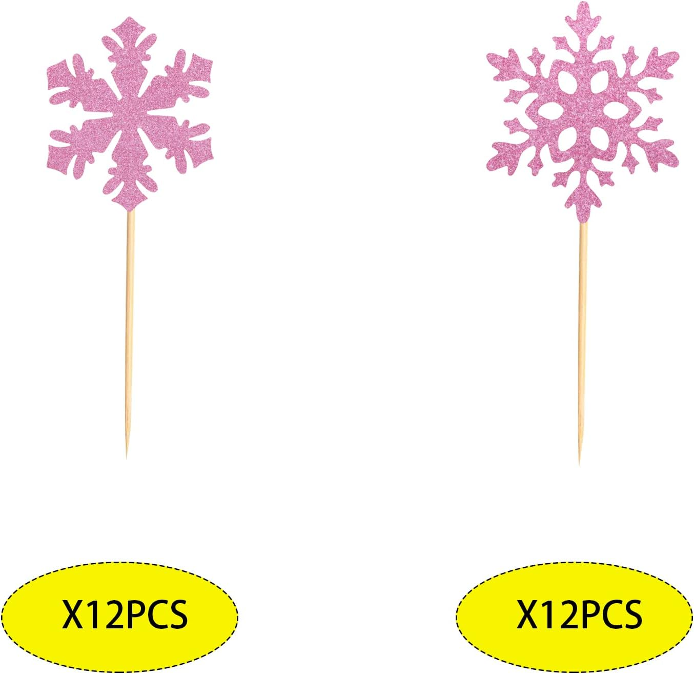 24 Pcs Snowflake Cupcake Toppers Pink Glitter 2 Styles Winter Theme Cupcake Picks Baby Shower Kids Birthday Party Christmas Cake Decorations Supplies image number 6