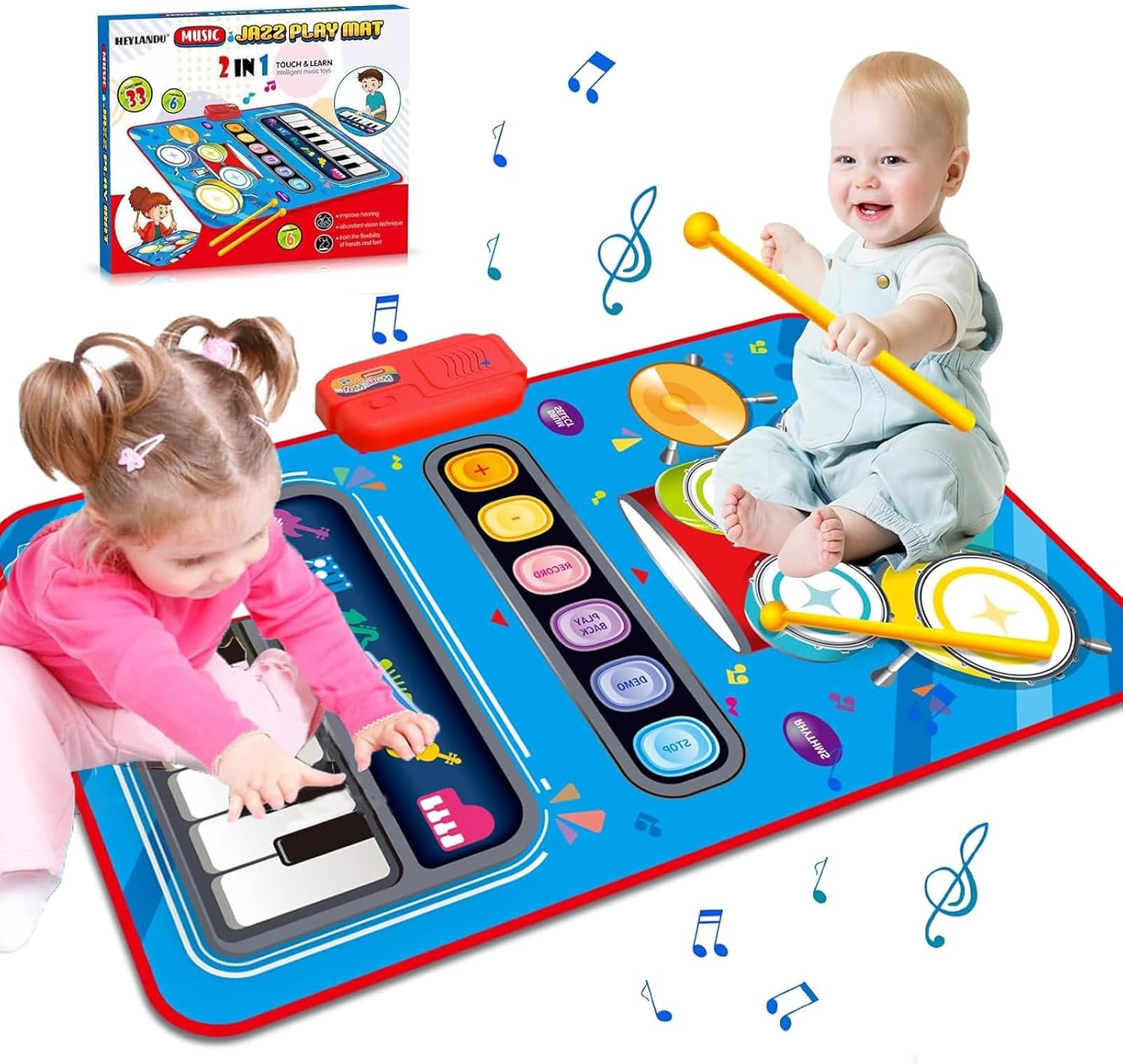 Musical Mat & Piano Keyboard & Drum 2 in 1 Floor Music Play Mat with 6 Instrument Sounds, Education Learning Toys Gifts for 3 Year Old Kids Girls Boys