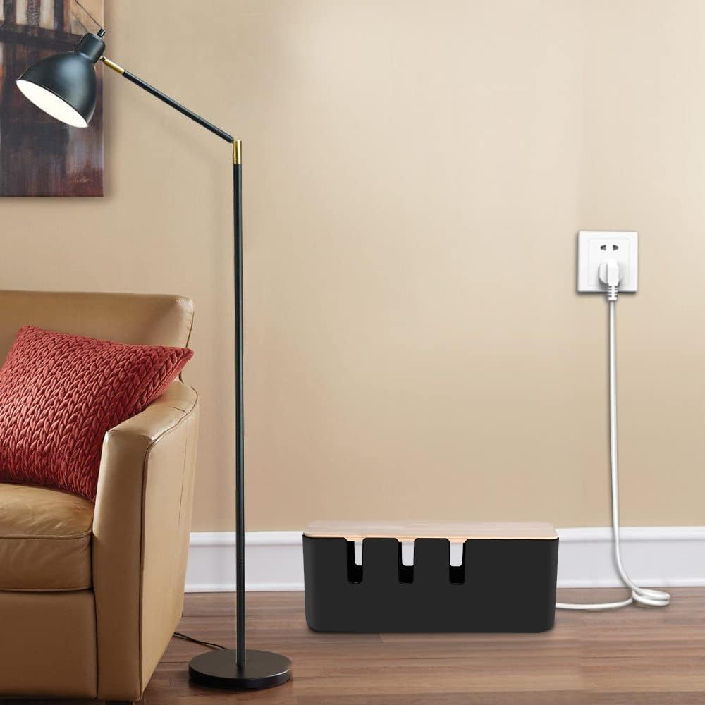 Cable Management Box by Baskiss, Solid Wood Lid, Wire Organizer for Desk TV Computer USB Hub System to Cover and Hide & Power Strips & Cords (Black, Medium) image number 1