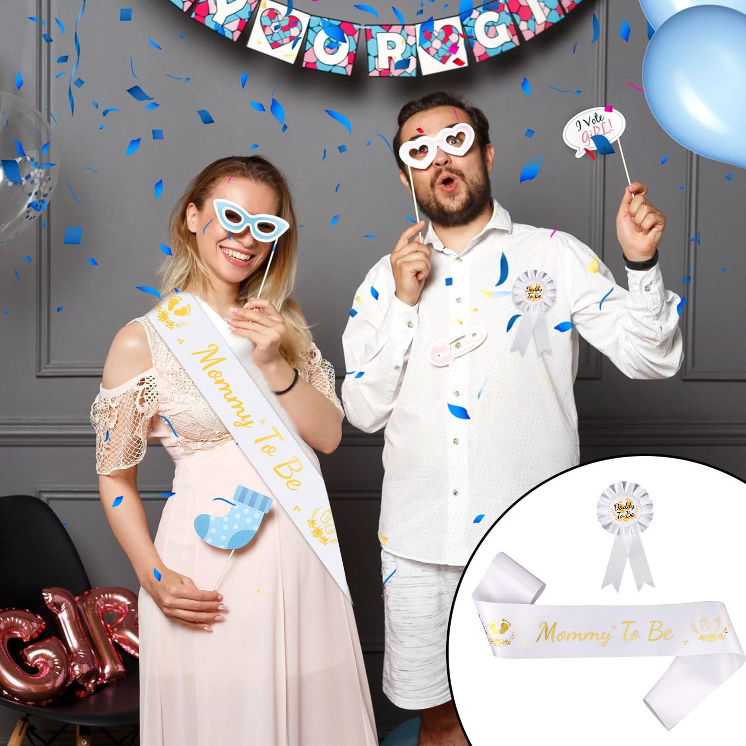 Mommy to Be Sash, with Daddy to Be Badge Gold & White Mom to Be Sash Set Pregnancy Sash Gender Reveals Gift Baby Shower Decorations for Boys Girls image number 6