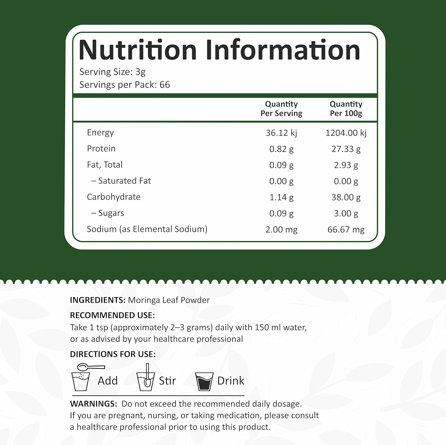 Nutrahike Moringa Leaf Powder 450G &ndash; 100% Pure Superfood, Rich in Vitamins & Antioxidants &ndash; Natural Energy, Immunity & Detox Support &ndash; Vegan, Gluten-Free Green Powder image number 6