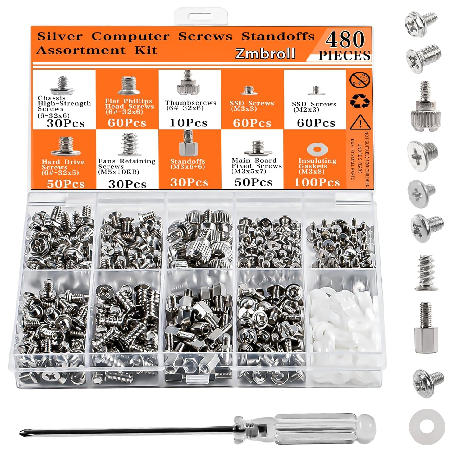 480Pcs Silver Computer Screws Kit Thumbscrews PC Case Fan Screws Motherboard Standoffs Screws for for Universal HDD Hard Drive,2.5" SSD,PC Fan,Power Supply,Graphics,Cd-Rom