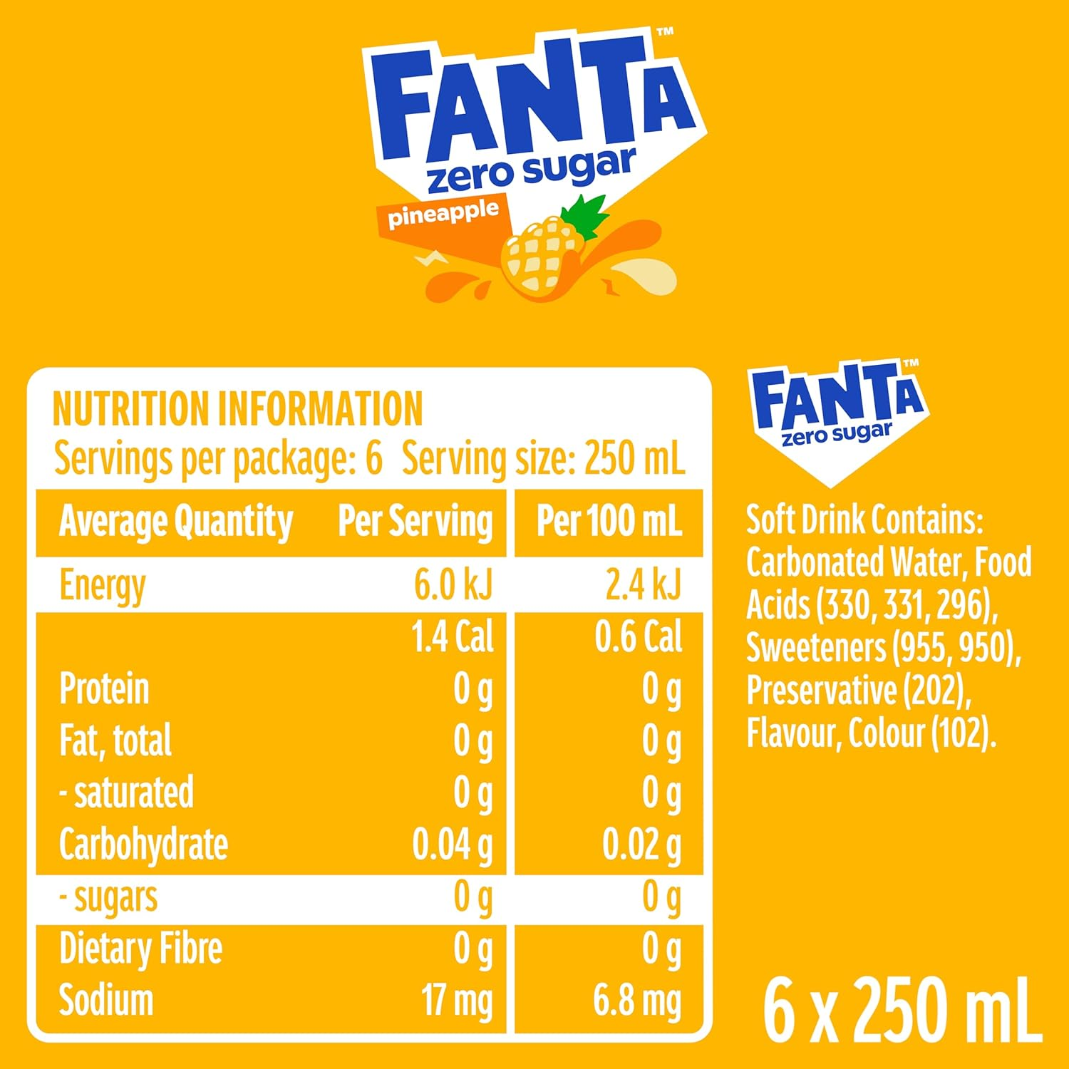 Fanta Pineapple Zero Sugar 6 X 250Ml Soft Drink image number 2