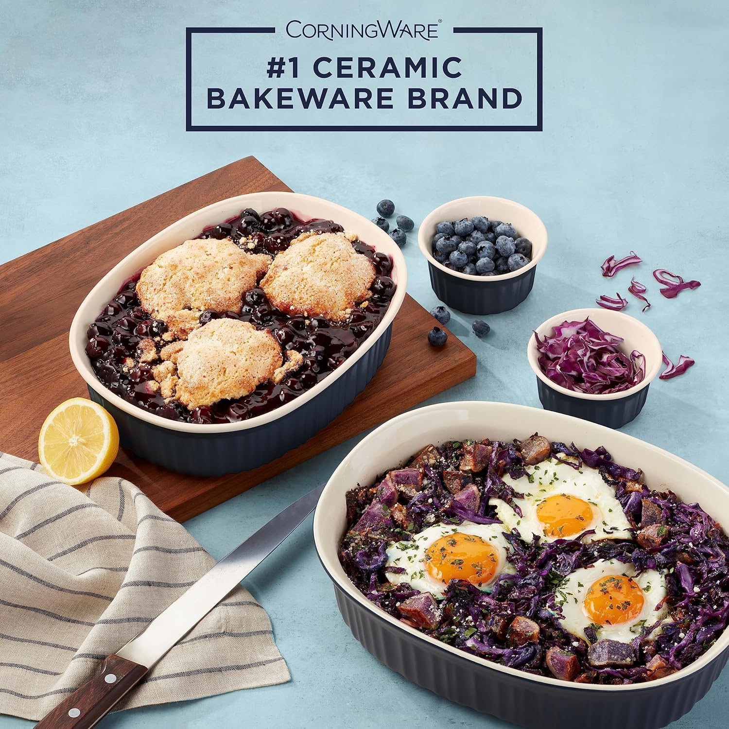 Corningware French White Bakeware 10-Piece Set &ndash; Durable Stoneware for Even Baking and Versatile Oven-To-Table Dishes &ndash; Includes Glass and Bpa-Free Plastic Lids &ndash; French Navy image number 1