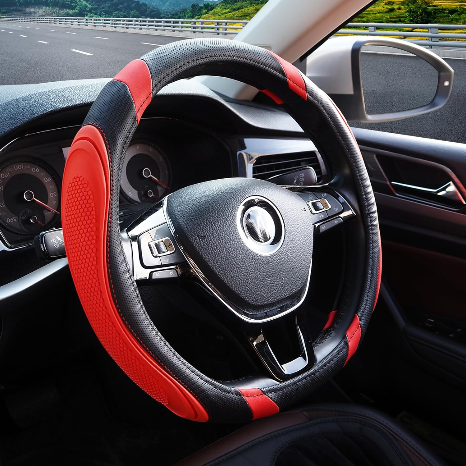 Nappa Leather Car Steering Wheel Cover, anti Slip, Thin, Breathable, Odor-Free, Universal 14.5-15 Inches Fit, Car Steering Wheel Cover Full Surround Aeecssories (Red-Microfiber Leather) image number 1