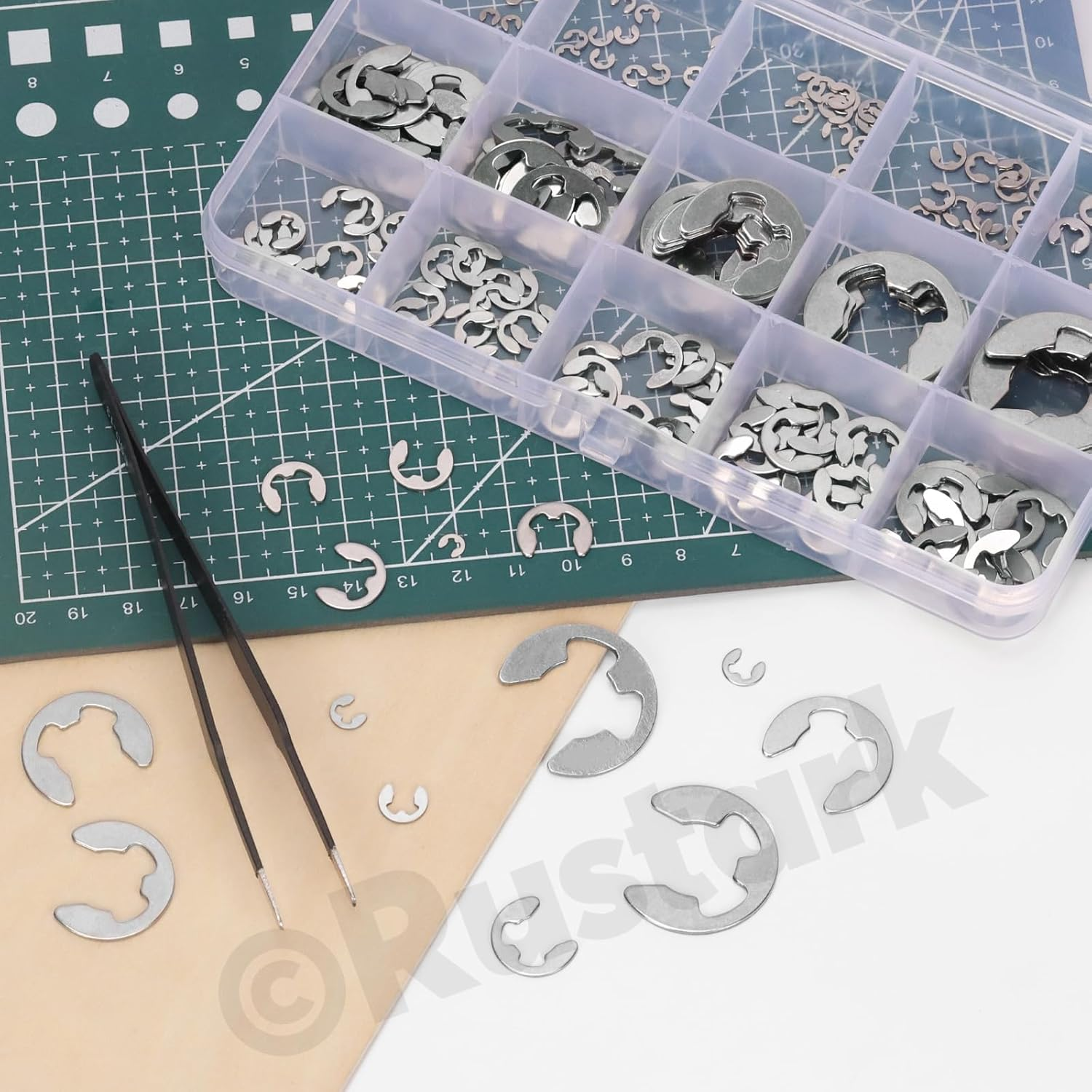 211Pcs 14 Sizes 304 Stainless Steel E-Clip External Retaining Rings Assortment Kit, E Clip Circlip Rings E-Clips Retainer Circlip Rings Washers E-Clips Assortment Set for Gears Pulleys Axles image number 2