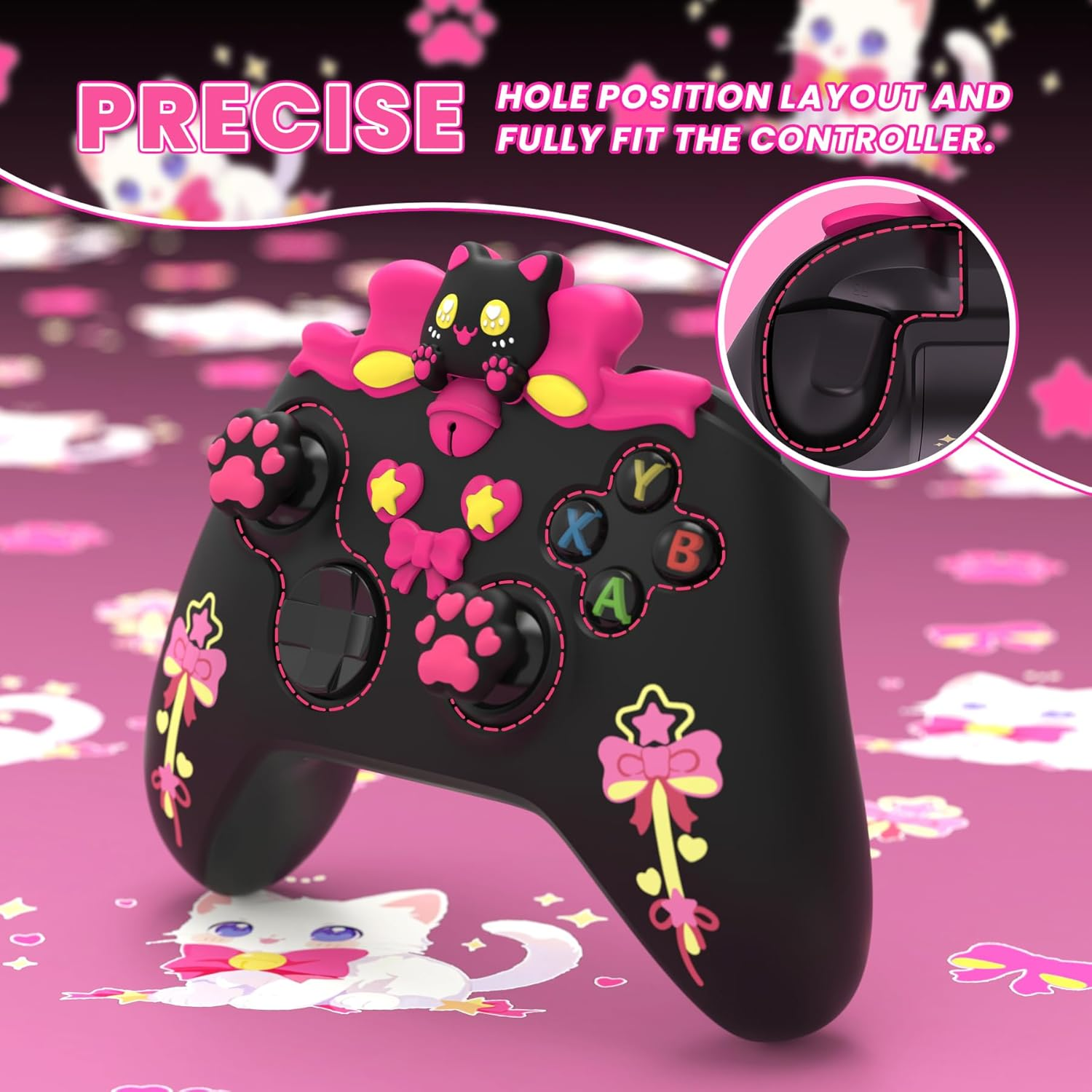 Playvital Sweetheart Kitty Silicone Cover Compatible with Xbox Series X/S Controller with Thumb Grips and Stickers, Soft Rubber Protector with Anti-Slip Grip for Xbox Core Controller - Black image number 1