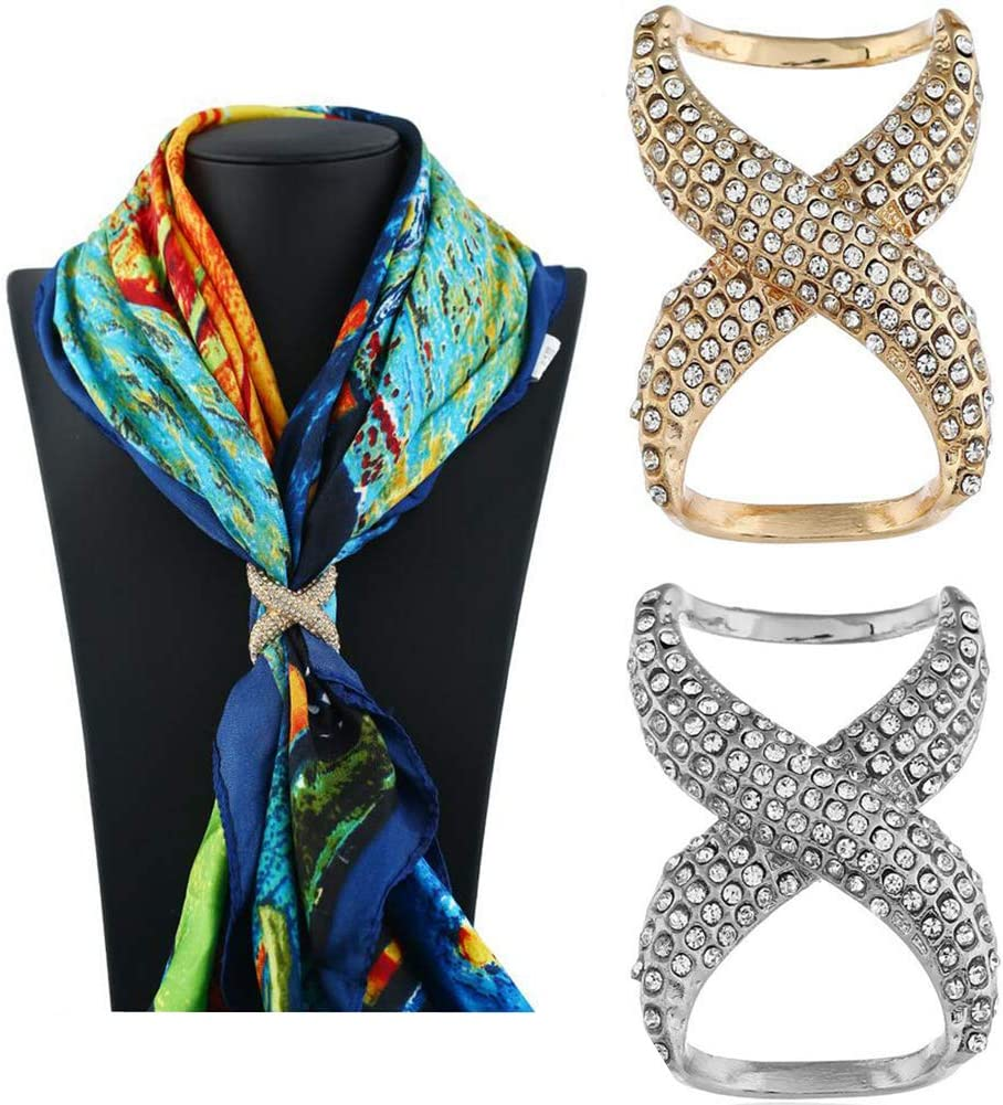 2Pcs(Gold+Silver) Women Lady Girls Fashion Rhinestone Inlayed Scarf Ring Buckle Modern Simple Jewelry Silk Scarf Clasp Clips Clothing Wrap Holder Decoration Accessories for T-Shirt Neckerchief Shawl image number 3