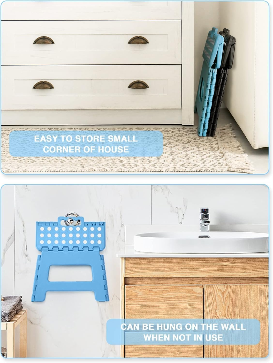 Folding Step Stool 11", Durable Kids Step Stool, Heavy Duty Step Stools for Adults, Compact Foot Stools, Light-Skid Resistant and Open with One Flip for Kitchen, Bathroom, Holds up to 300 Lbs (Black) - White image number 3