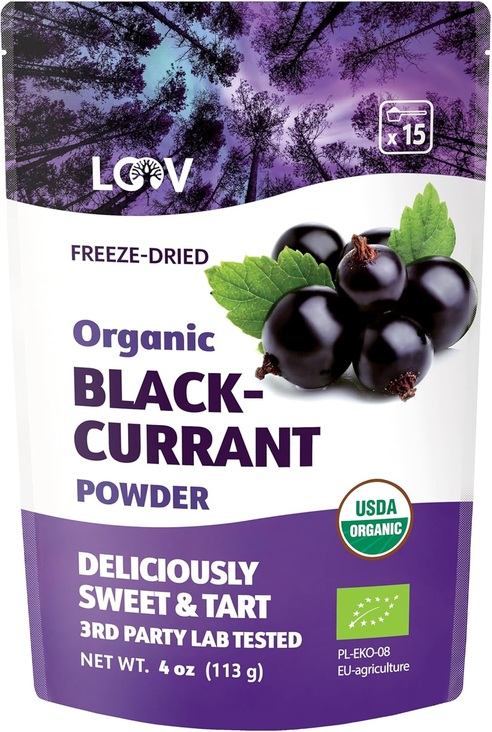 LOOV Organic Blackcurrant Powder, Made from 100% Whole Blackcurrants, Freeze Dried and Powdered Organic Blackcurrants, 113 Grams, 14-Day Supply, Grown in Northern Europe, No Added Sugar