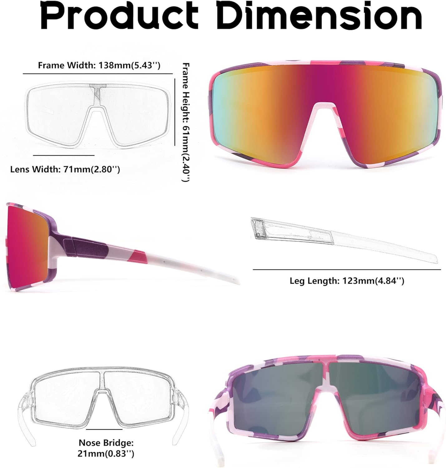 FEISEDY Sports Sunglasses Polarized Oversized Shield for Women Men Youth Baseball Cycling Running Outdoor Visor B2988 - Transparent Frame - Red Mirrored Lens image number 2