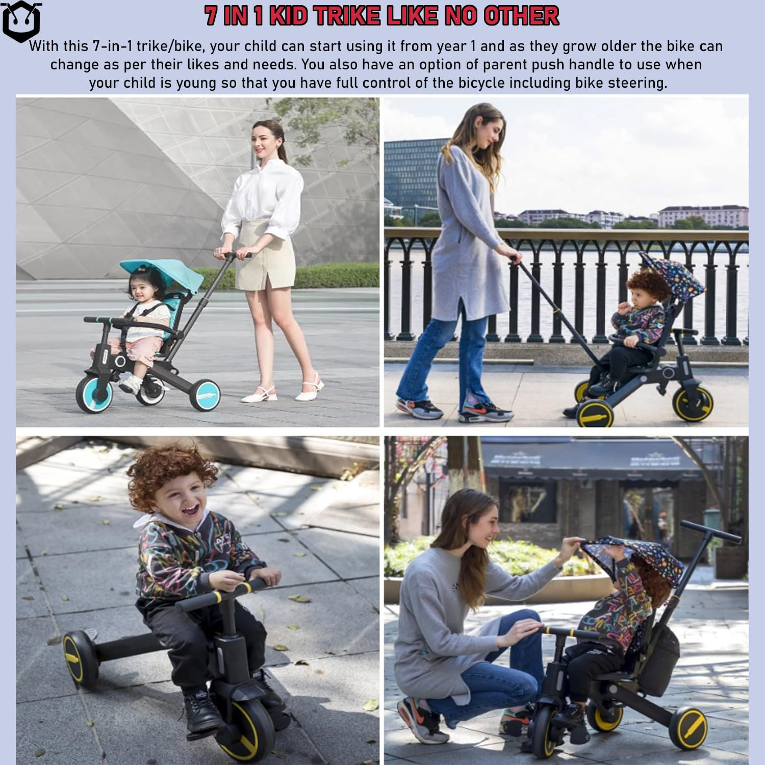 7 in 1 Kids Tricycle with Parent Steering Push Handle. Kids Bike, Balance Bike. Lightweight and Portable Push Bike with Removable Pedals. Toddler Trike with Canopy, Guardrail & Safety Harness (Red)