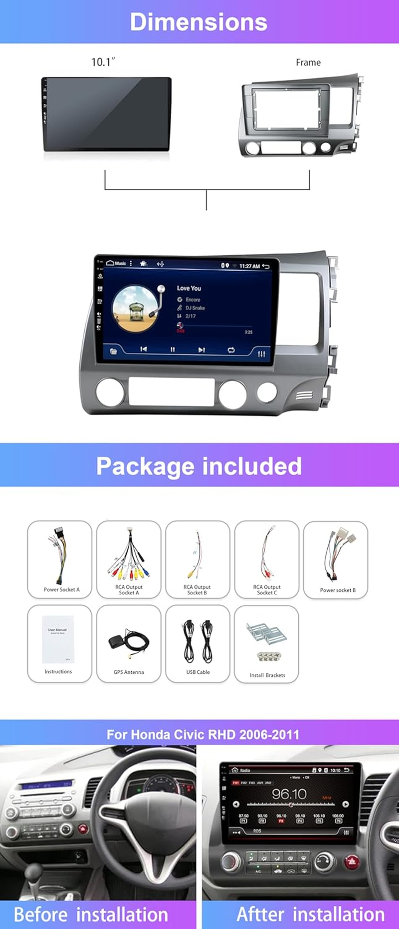 2G+32G Android14 Car Stereo for Honda Civic RHD 2006-2011 with Carplay Android Auto,10.1'' IPS Touchscreen Car Radio with Wifi,Gps Navigation,Bluetooth,Fm/Rds,Swc,Backup Camera image number 2