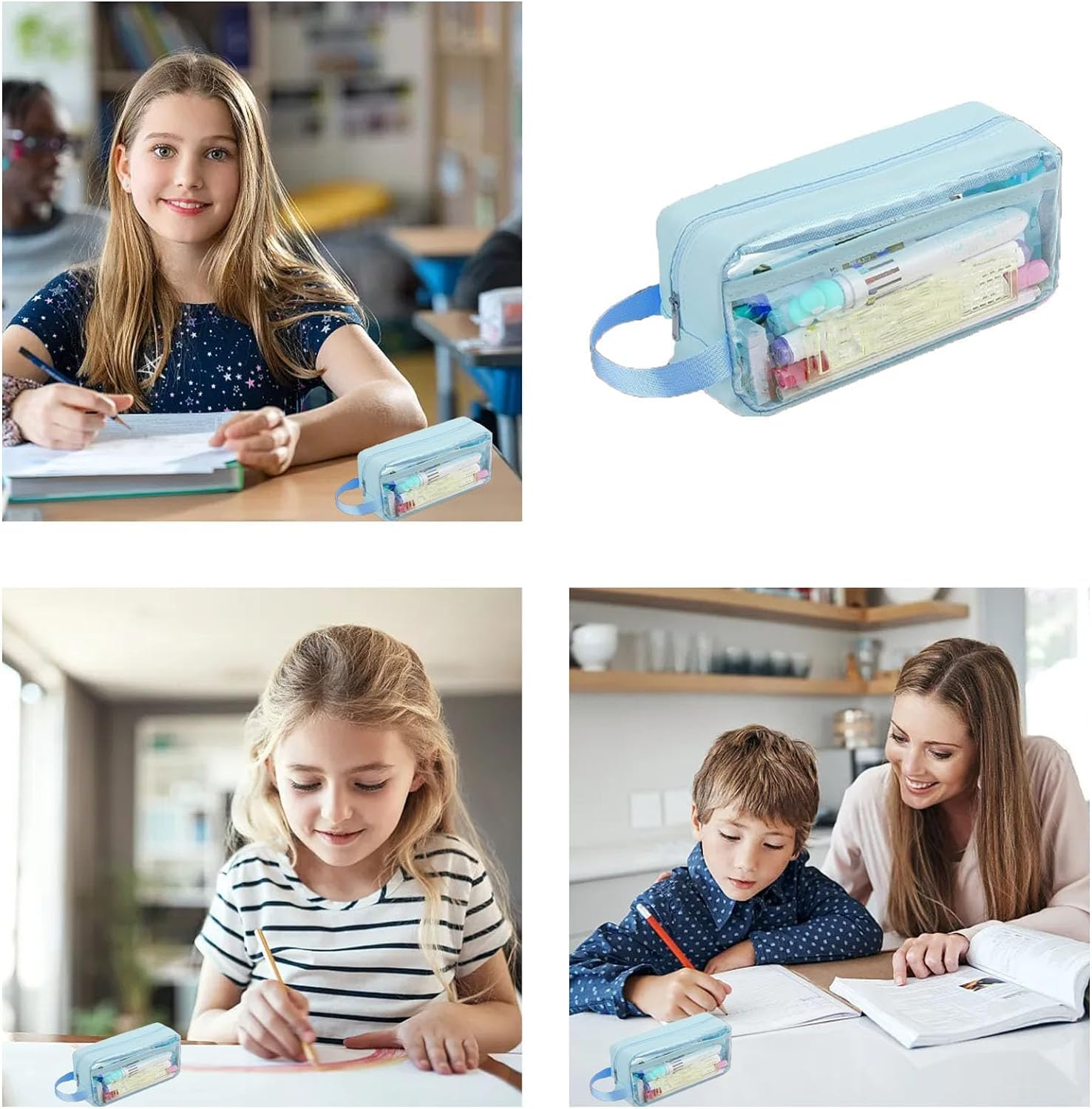 2 Pcs Large Capacity Pencil Case, Waterproof PVC Zippered Toiletries Storage Pouch, Cosmetic Makeup Storage Bag, Clear Pencil Case for Girls Boys, Home, School, Office (Blue) image number 2