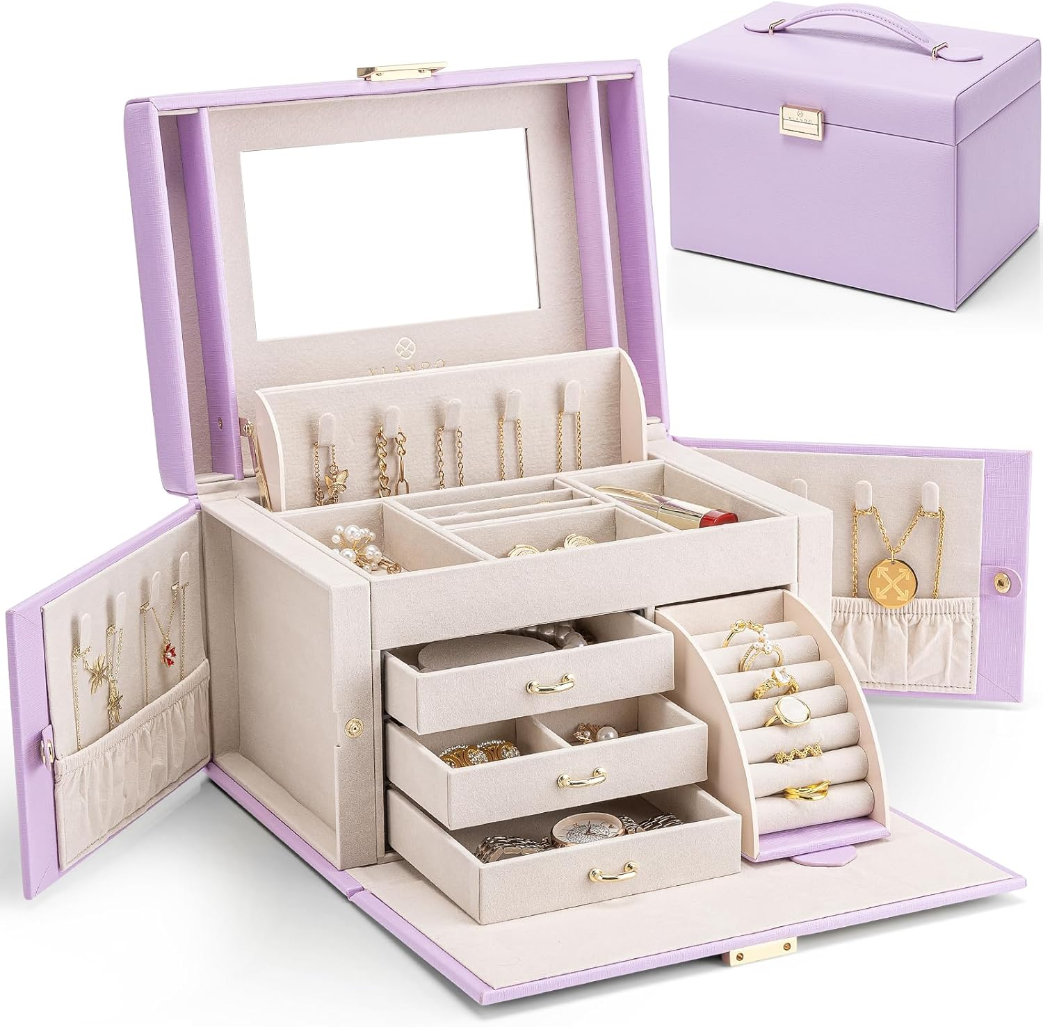 Vlando Jewelry Box Organizer for Girls Women, Large Baroque Jewelry Holder Organizer with Mirror, 3 Drawers for Bracelets, Earrings, Rings, Necklaces, Mothers Day Gifts for Loved One, Blue - F.Blue image number 3