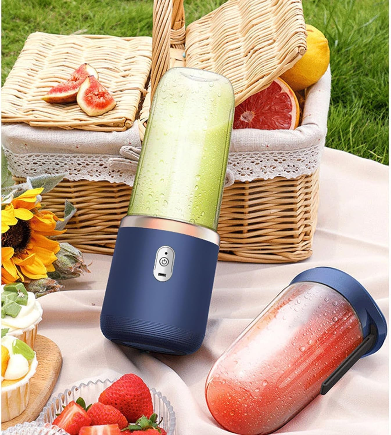 Portable Blender, Wireless Juicer, USB Rechargeable Smoothie Blend with 6 Sharp Blades and Double Cup, Travel Lid, Waterproof Blender for Kitchen with Seal Cover, for Outdoor Office Travel (Blue)