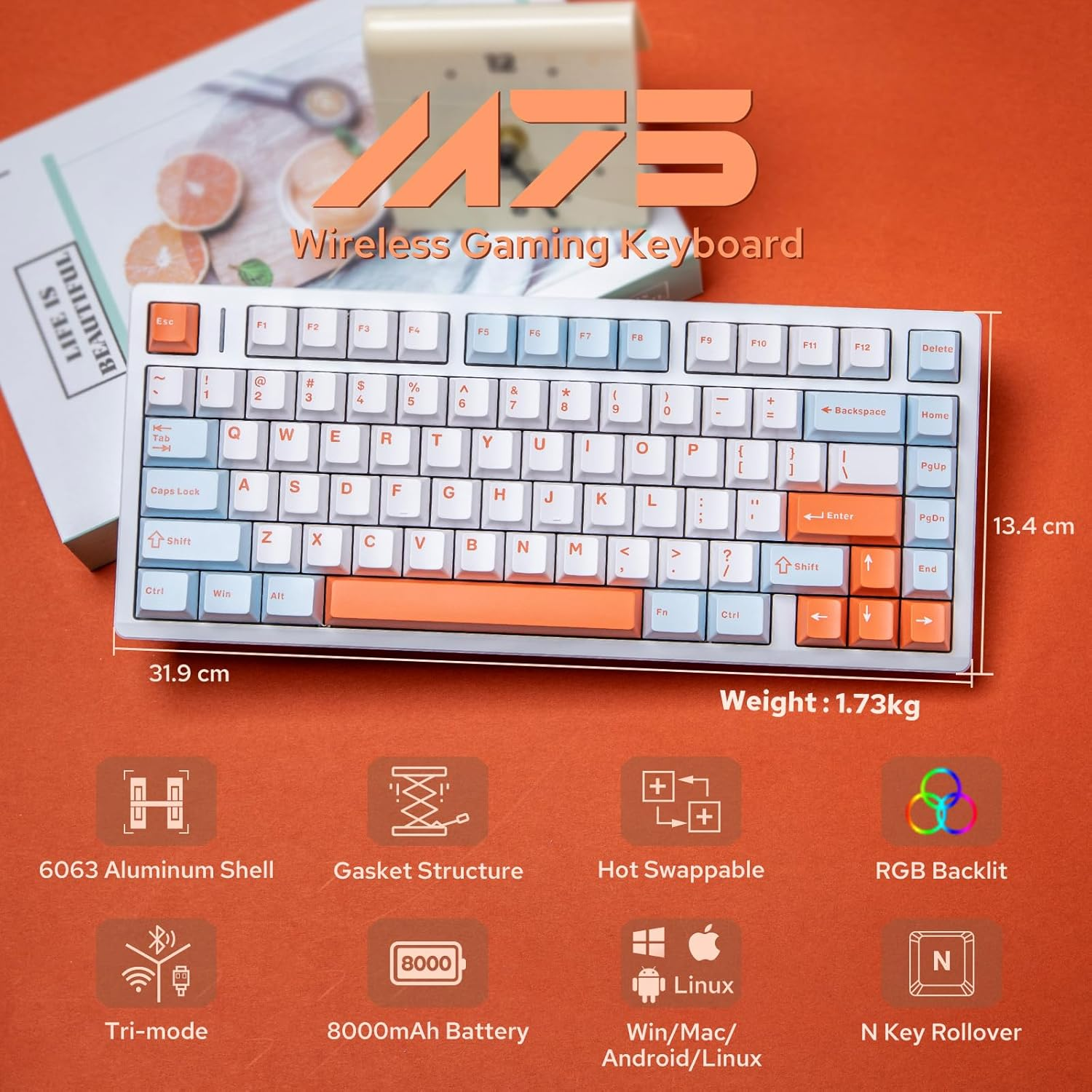 EPOMAKER Aula M75 Wireless Gaming Keyboard with 8000Mah Battery, 75% CNC Aluminum Mechanical Keyboard, Hot Swappable Creamy Keyboard, RGB Backlight, NKRO for Games/Office (Blue&White&Orange) image number 4