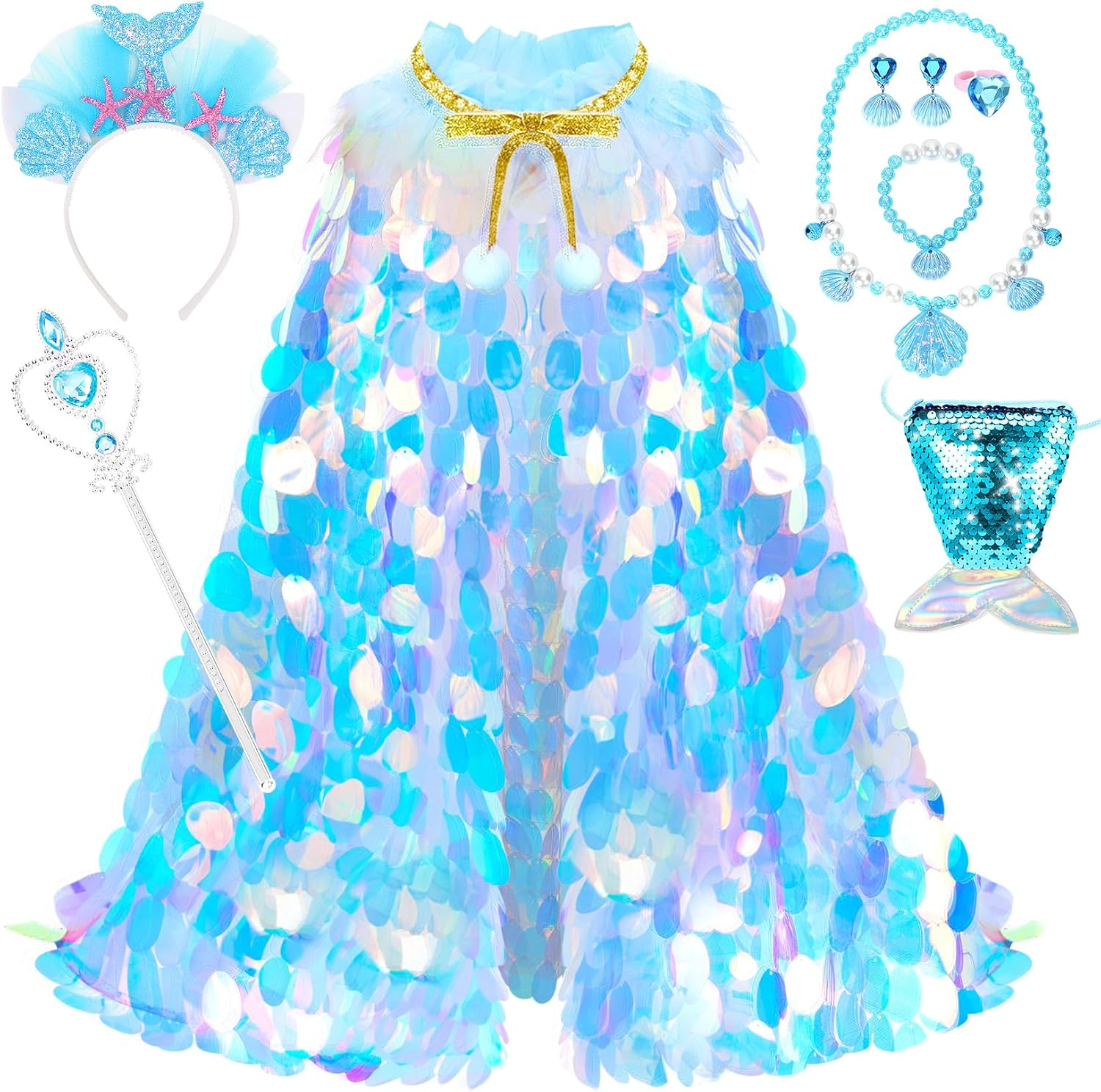 Princess Dress up Toys Princess Dress up Clothes Rainbow Mermaid Cape Kit 9 Pcs Gift Set for Little Girls 3-8 Years Old (Blue)