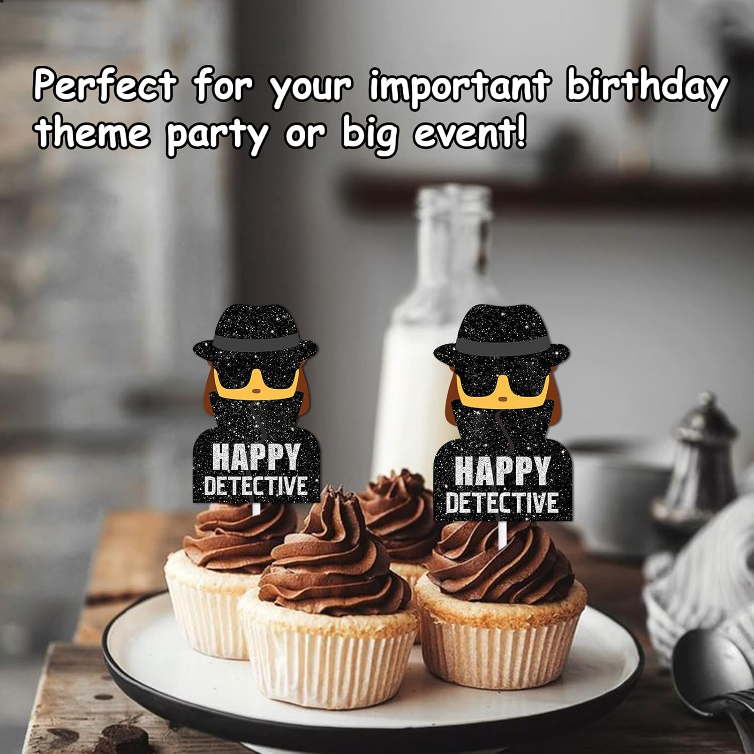 18Pcs Glitter Dessert Cupcake Topper Mystery Crime Clue Evidence Detective Agent Theme Happy Birthday Party Decor Supplies Decorations image number 3