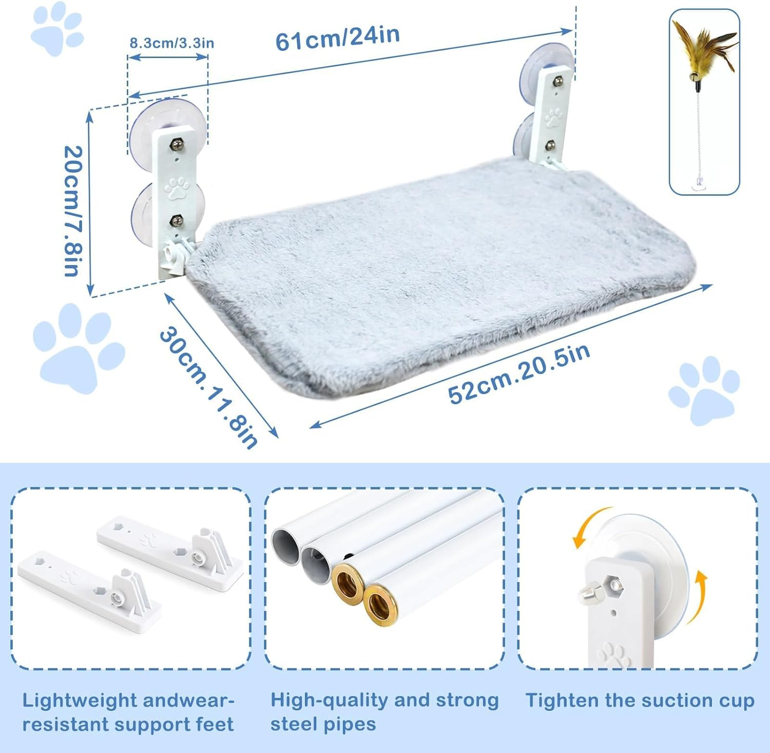 Foldable Cat Window Bed, Soft Cat Window Perch with Strong Suction Cups, 52X30Cm Cat Windowsill Seat with Replaceable Soft Cushion, Sturdy Holds up to 20Kg (Grey & Plush Fabric) image number 1