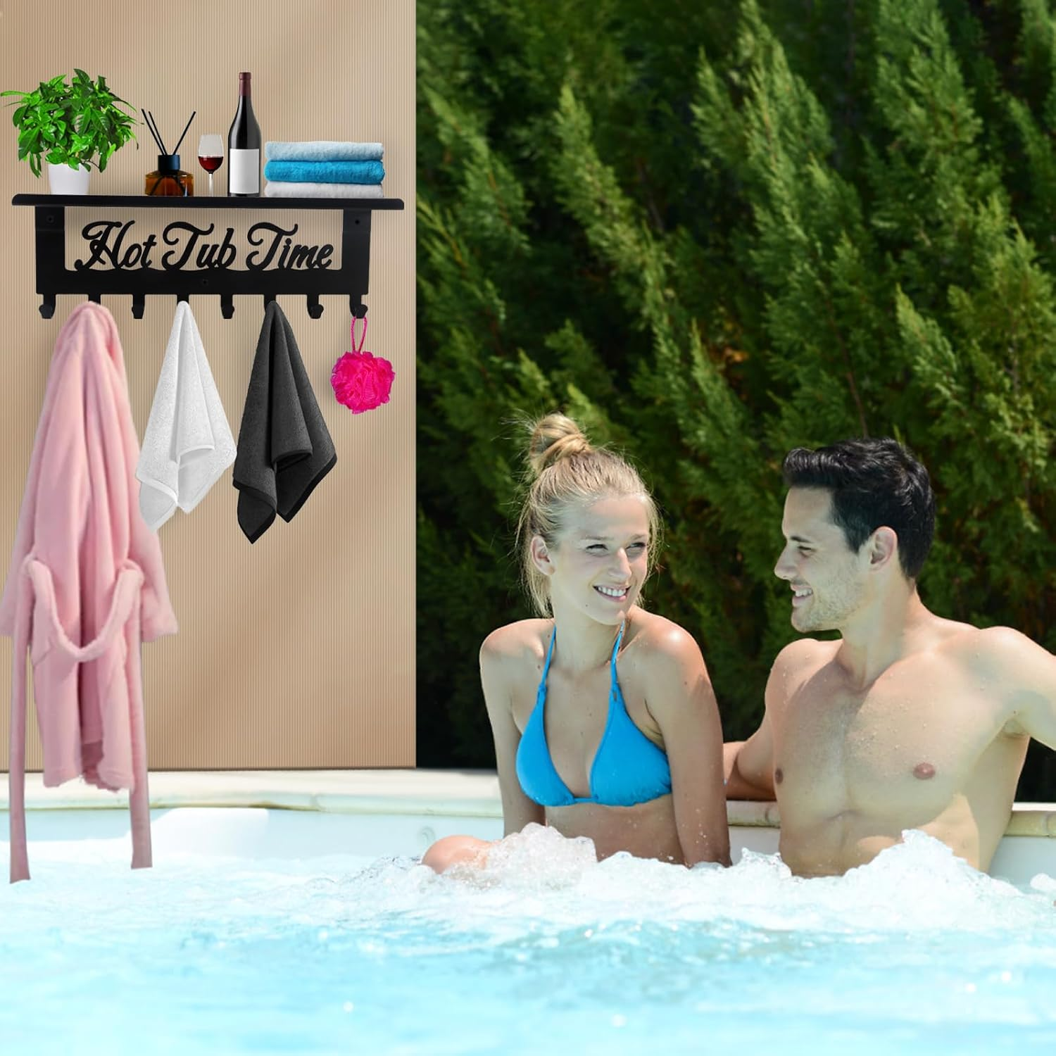 Hot Tub Towel Rack 8 Hooks Hot Tub Accessories with Shelf Bathroom Towel Holder Organizer Outdoor Wall Mount Decor in Bath Hot Spring Swim Pool Hotel image number 3