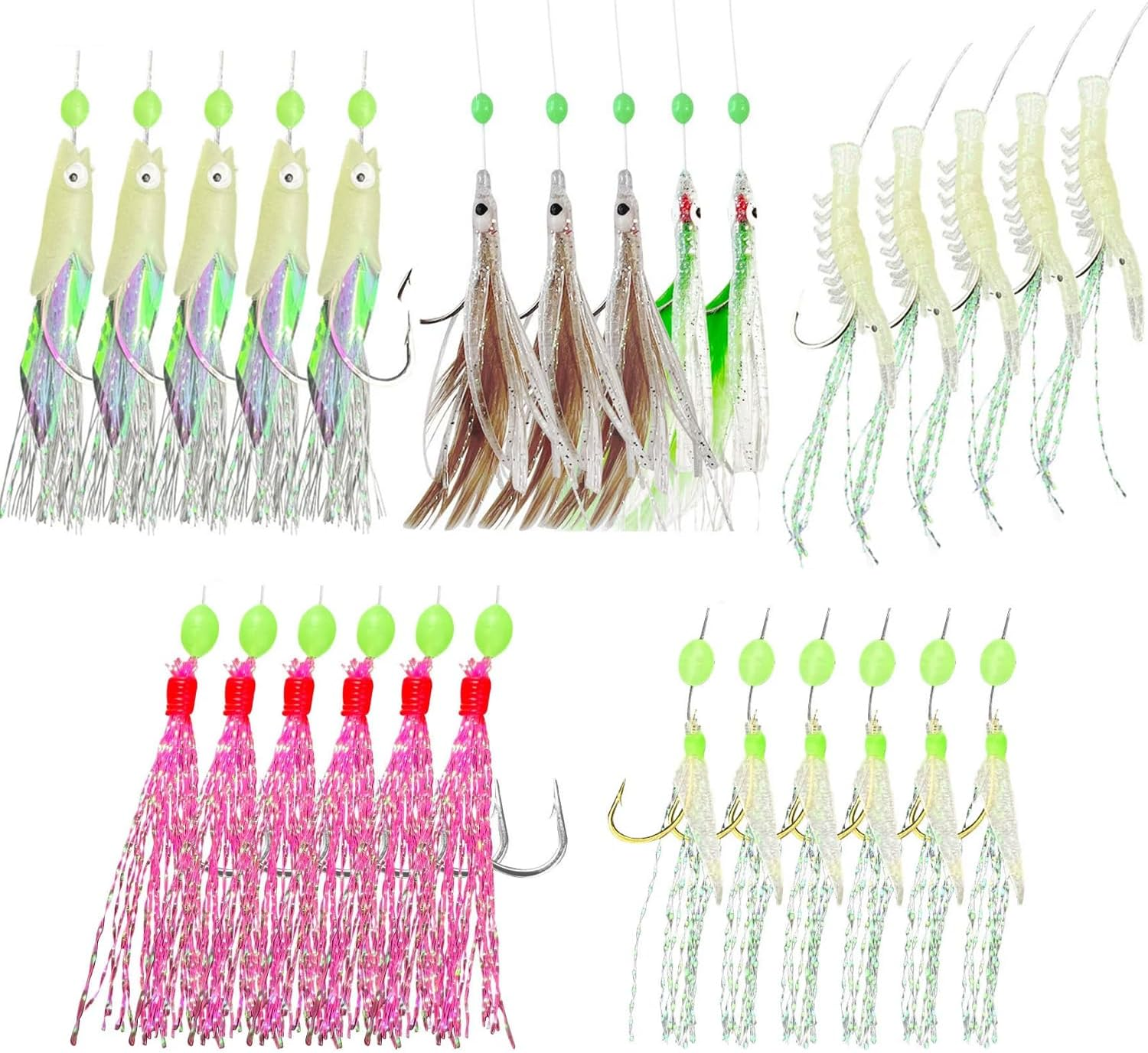 5 Pcs Pre Tied Fishing Hook Set with Bionics Lures Carbon Steel Barbed Hooks for Saltwater Includes Quick Swivels Snaps Glow Beads Flasher Bait Rigs for Fish Bites image number 1