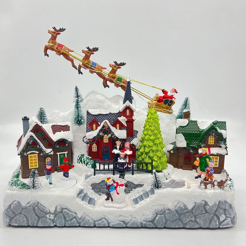 Animated Musical Christmas Village Scene, Lighted, Snowy Hillside with Santa, Reindeer, Houses, Rotating Skaters image number 5