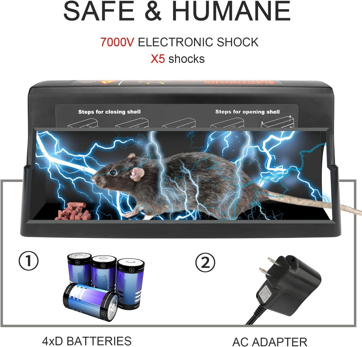 Electronic Rat Mouse Trap 7000V Shock Electric Rodent Zapper Dual Power Options Effective & Powerful Pest Control image number 5