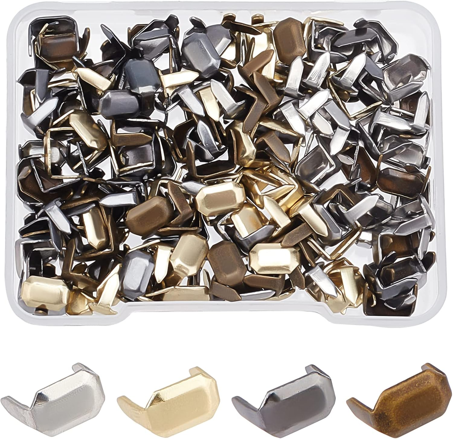 SUPERFINDINGS 200Pcs 4 Color Brass Belt Staples Claps 8X5Mm Rectangle Metal Leather Staples Leather Button for Belt Bag Replacement Repair Accessories