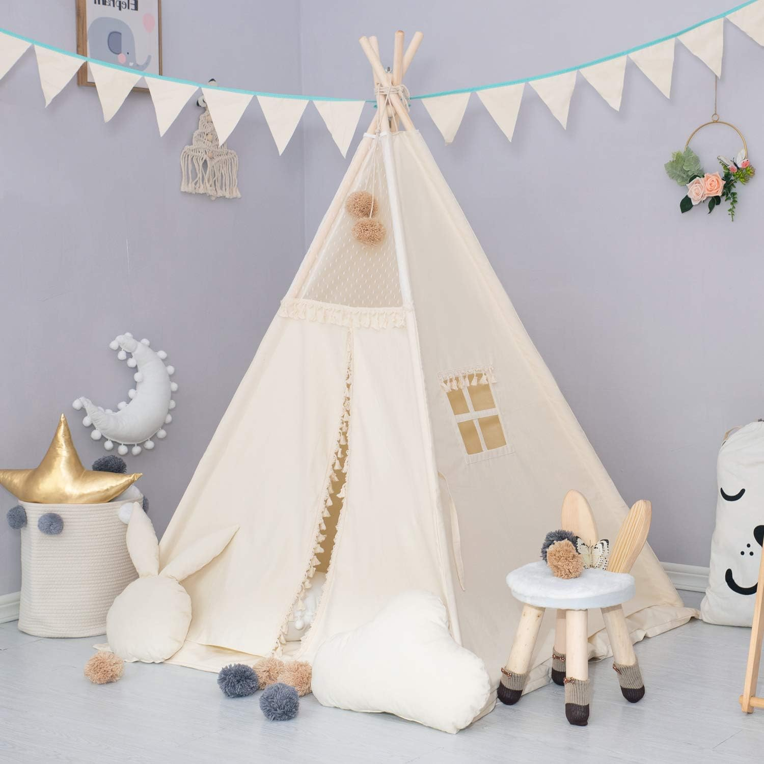Kids Teepee Tent with Padded Mat, Banner, Fairy Lights, Yarn Ball, Carry Bag, Beige Cotton Canvas Play Tent for Child with Tassels Lace, Play House Tipi for Kids Room Decor image number 3