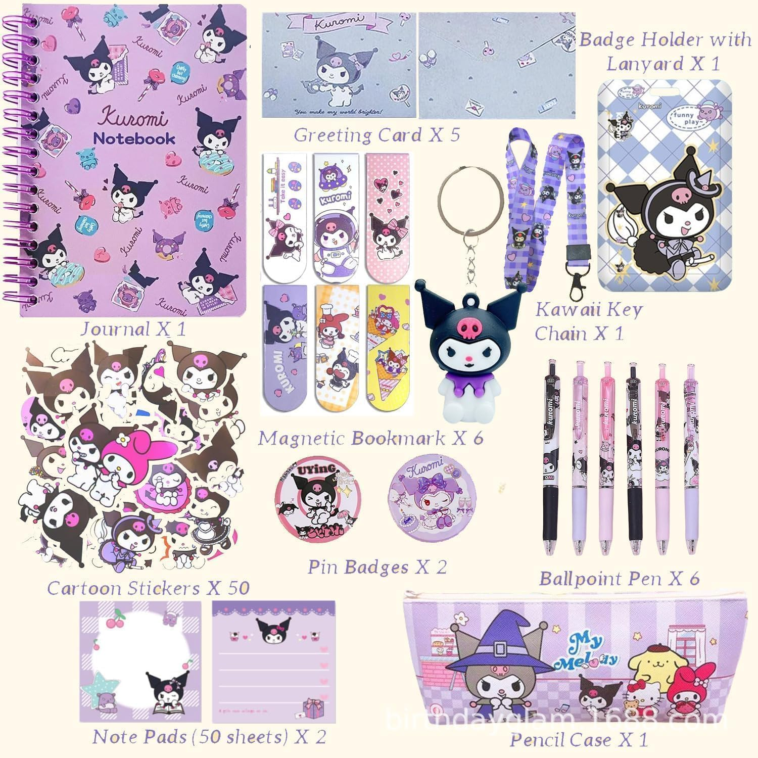 Cartoon School Supplies, Kawaii School Supplies for Kids Girls Including Cartoon Journal Pencil Case Ballpoint Pen ID Badge Holder Stickers Key Chain Bookmark (Purple) image number 6