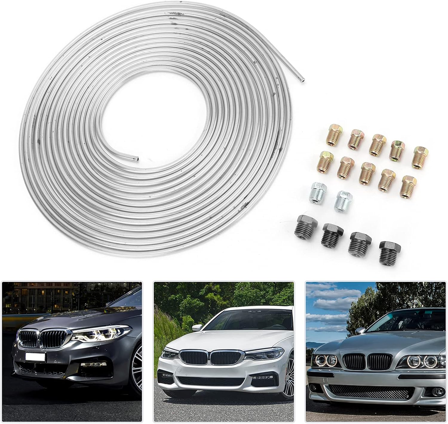 25Ft Brake Line Tubing, Copper Nickel Plated, 3/16In OD with Fittings, for Hydraulic Braking Fuel System, Silver