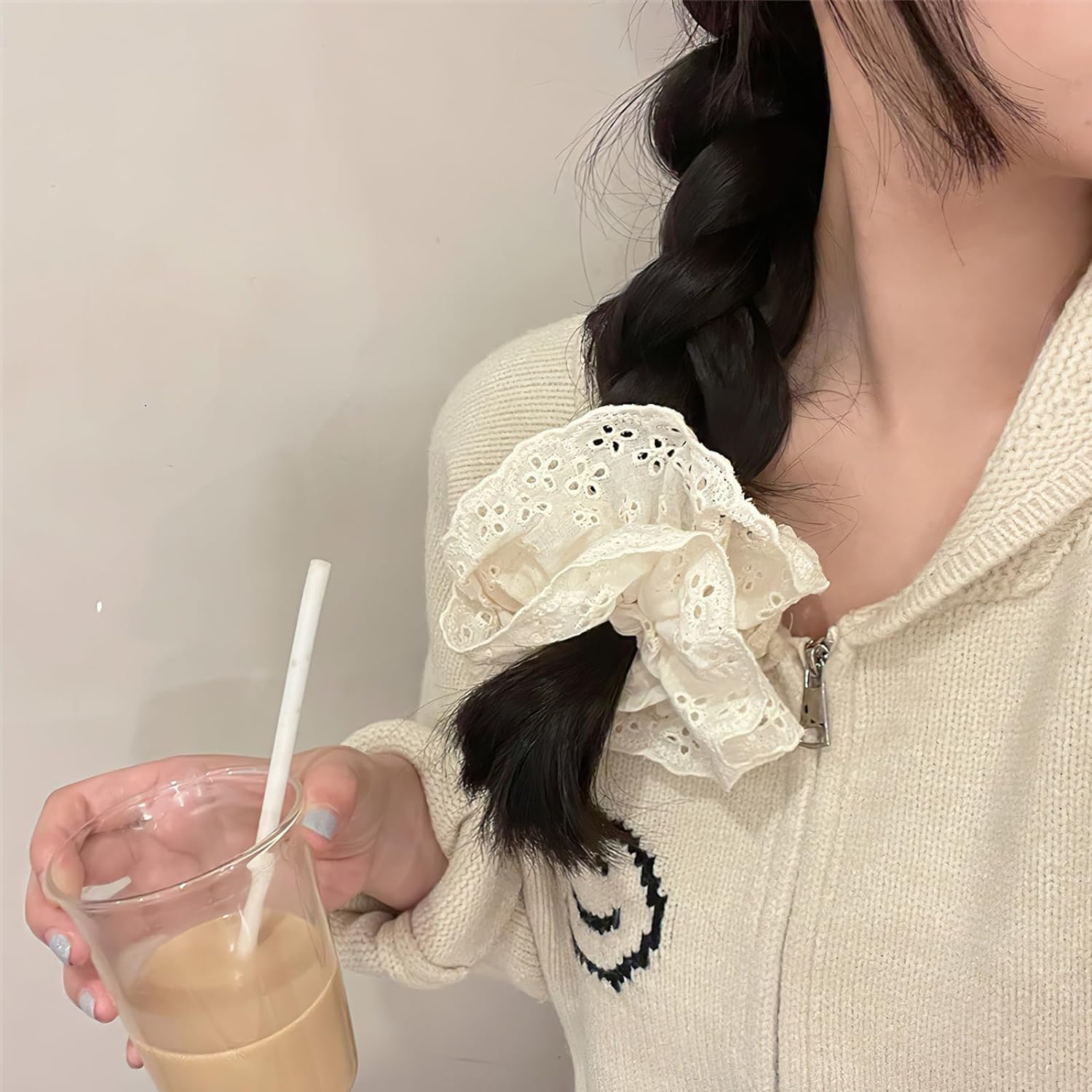 White Lace Scrunchies Large Elastic Hair Ties Ropes Hair Scrunchies, White Large Hair Scrunchies, Bobbles Ponytail Holders for Thick Hair, Thick Hair Bulk Scrunchies Accessories for Girl Women image number 4