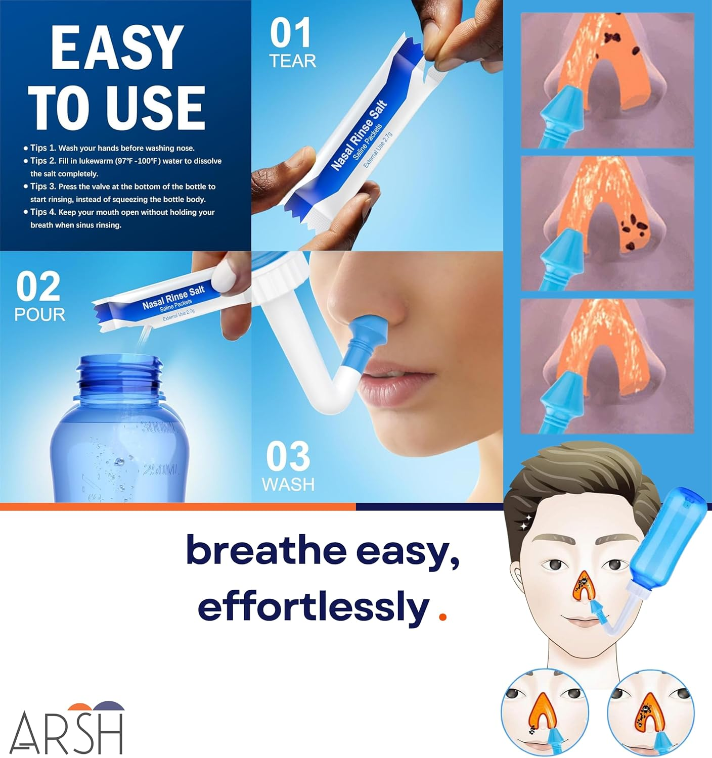 ARSH Nasal Wash Bottle 300 Ml, 30 Packets Nasal Wash Salt Thermometer, Neti Pot Sinus Rinse Bottle, Nasal Irrigator for Flu Allergies & Rhinitis, Nose Cleaner for Adults & Kids, Jal Neti image number 2