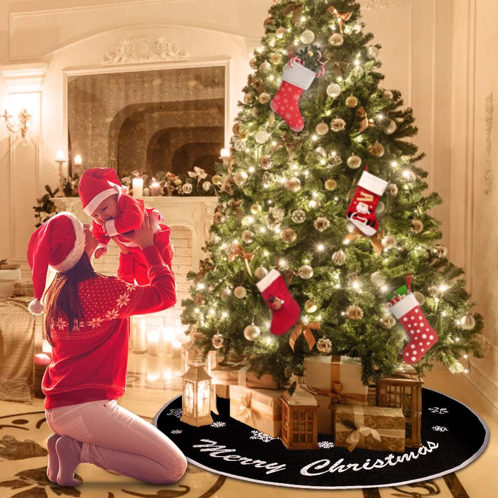 HOHOTIME Burlap Christmas Tree Skirt, 30 Inch Black Tree Skirt with White Snowflakes and Merry Christmas Words, for Xmas Holiday Home Decoration image number 1