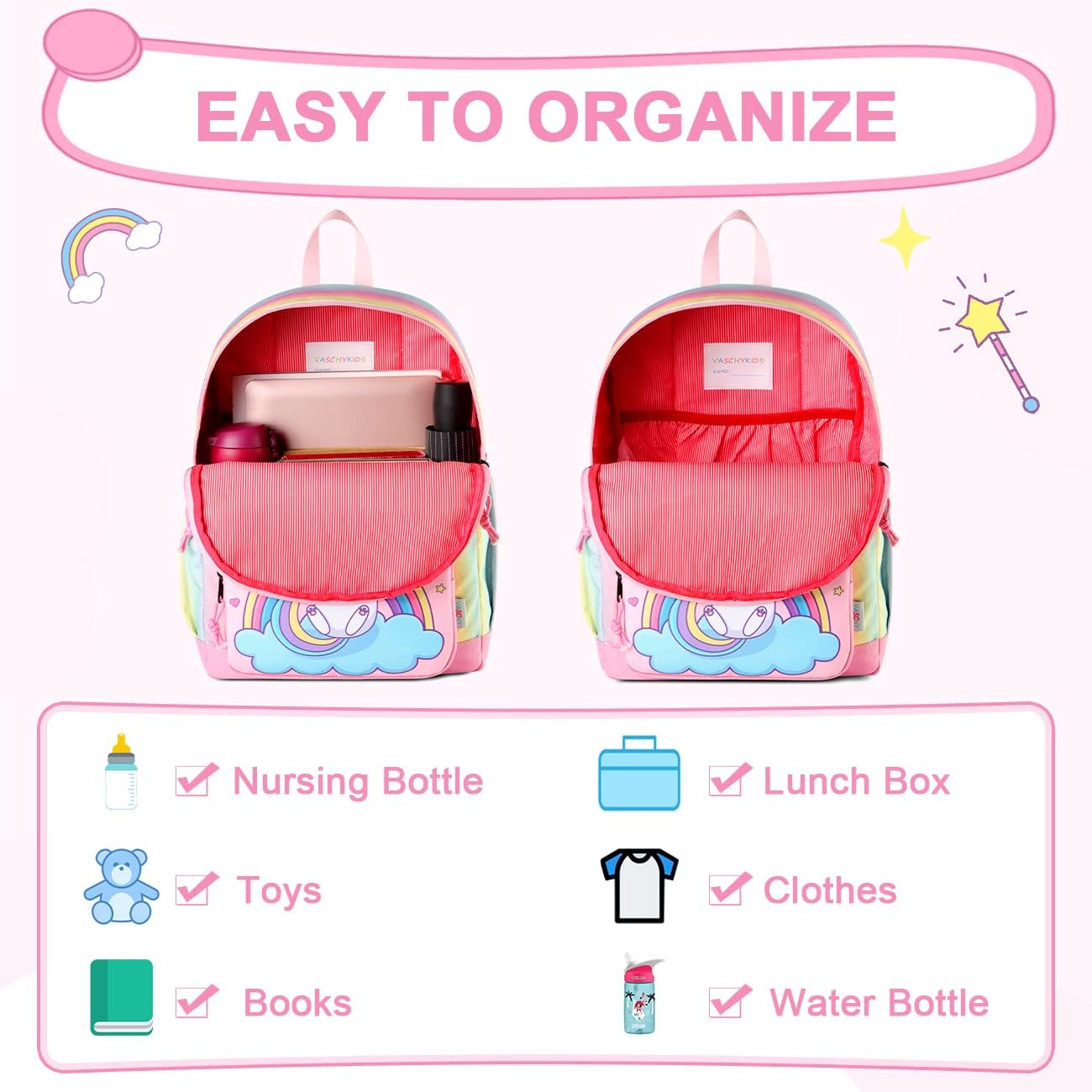 Backpack for Little Girls, VASCHY Cute Rainbow Lightweight Water Resistant Toddler Preschool Kindergarten Backpacks for Kids with Chest Strap image number 4