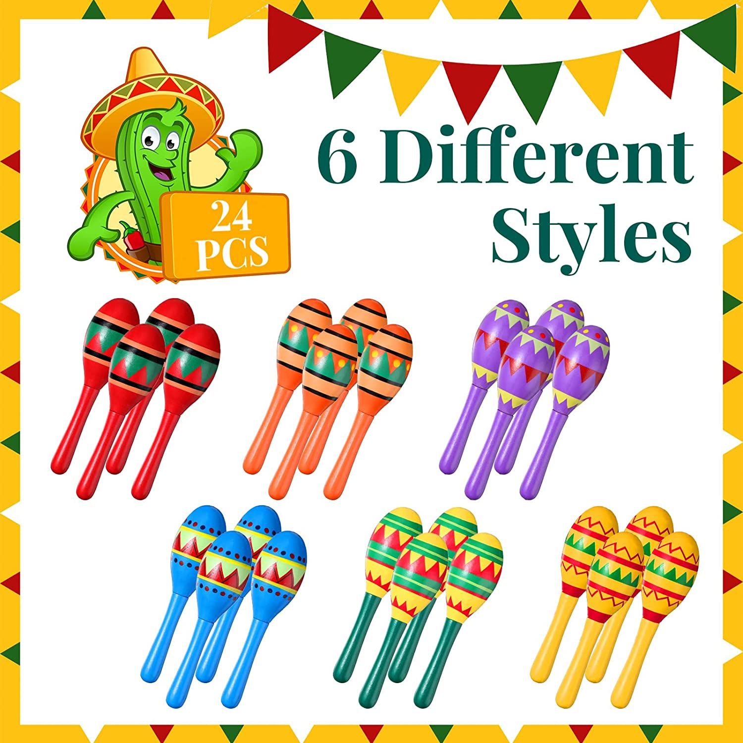 Civaner Mini Fiesta Wooden Maracas 6 Designs Noisemaker Party Decorations Mexican Cinco De Mayo Favors for Theme Carnival Props (24 Pcs) image number 3